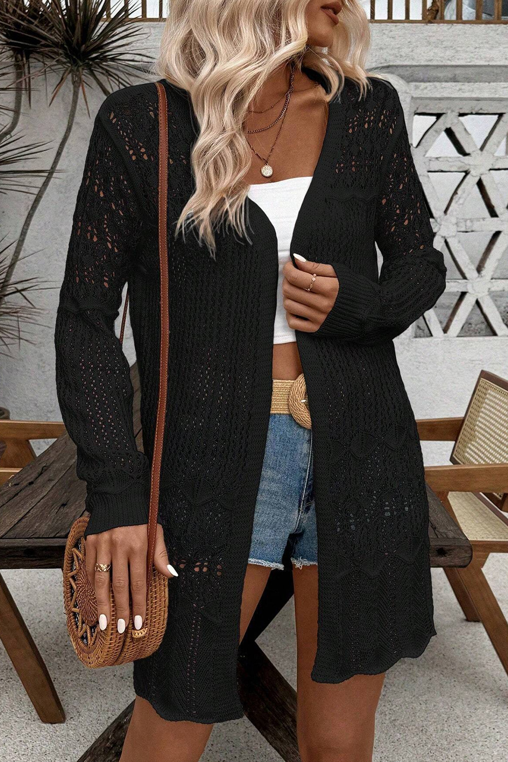 Black Crochet Hollow Out Open Front Cardigan - loveforevers