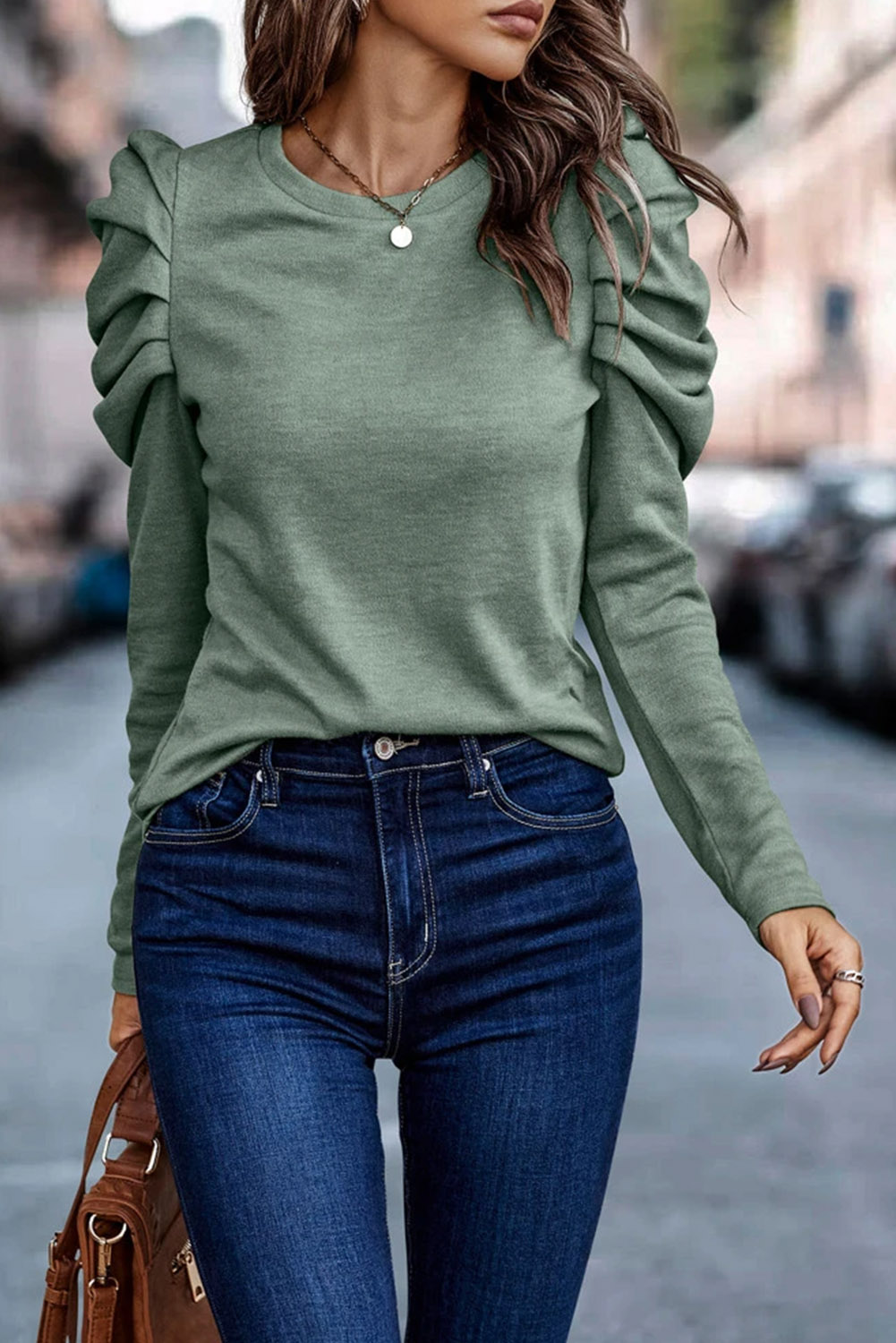 Green Buttoned Puff Long Sleeve Sheath Top - loveforevers