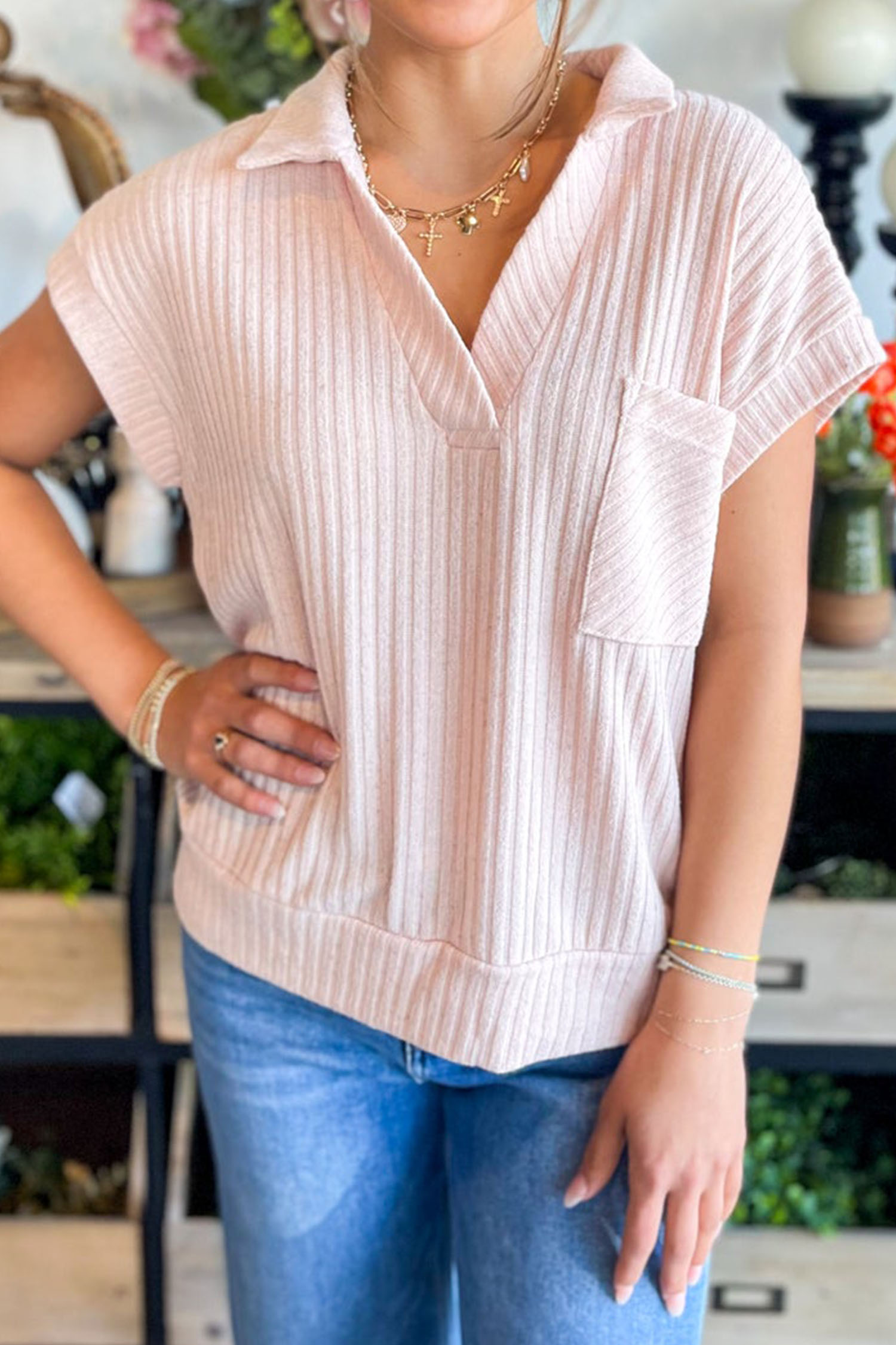 Light Pink Collared V Neck Ribbed Tee - loveforevers