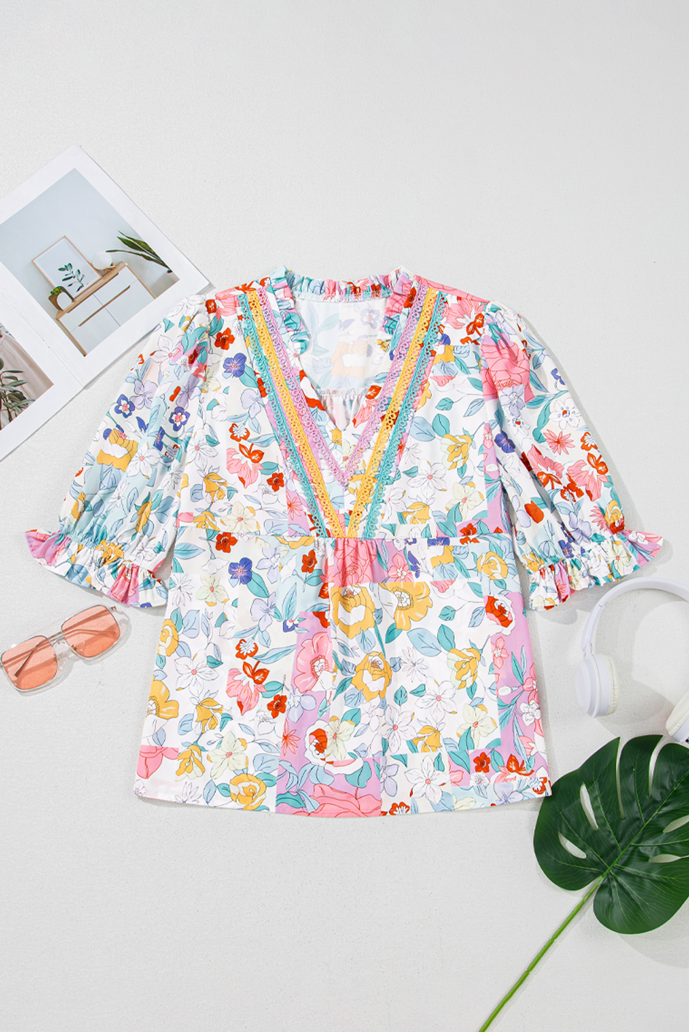Pink Boho Flower Print Half Puff Sleeve Blouse - loveforevers