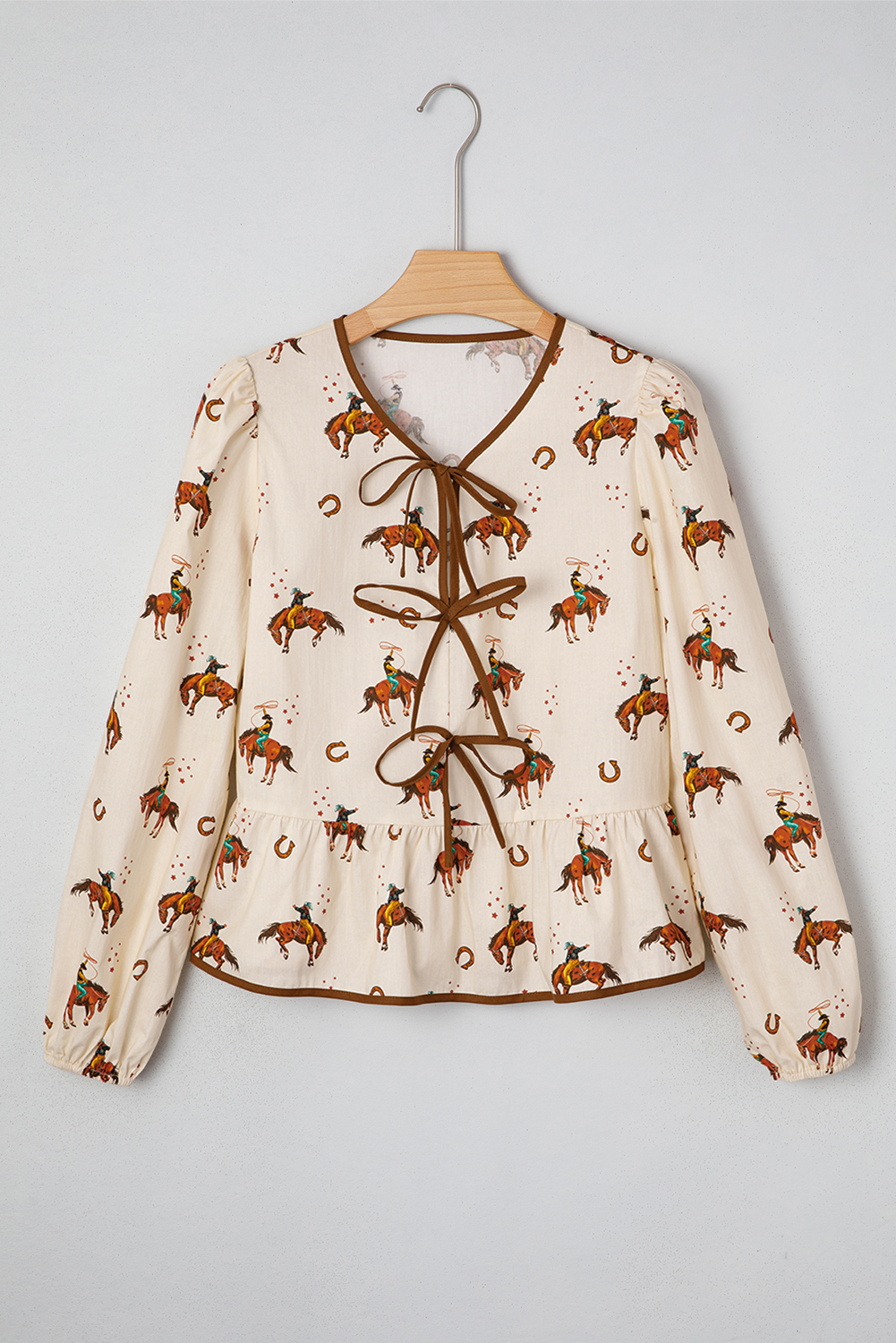Apricot Western Rodeo Print Tied Front Puff Sleeve Peplum Top - loveforevers