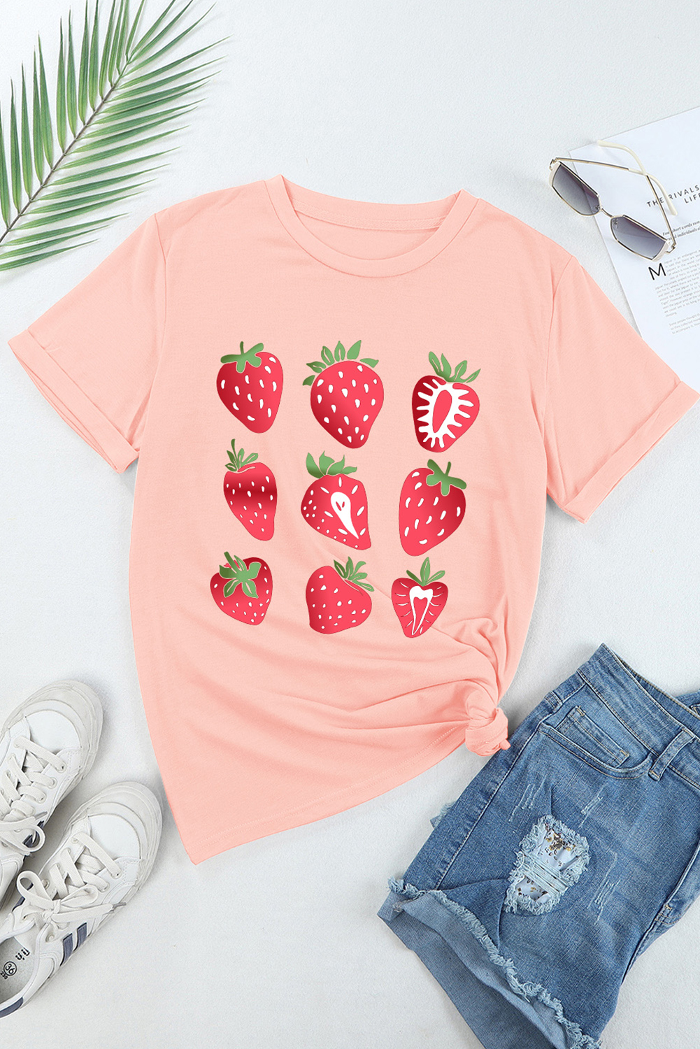 Pink Strawberry Fruit Pattern Graphic Tee - loveforevers