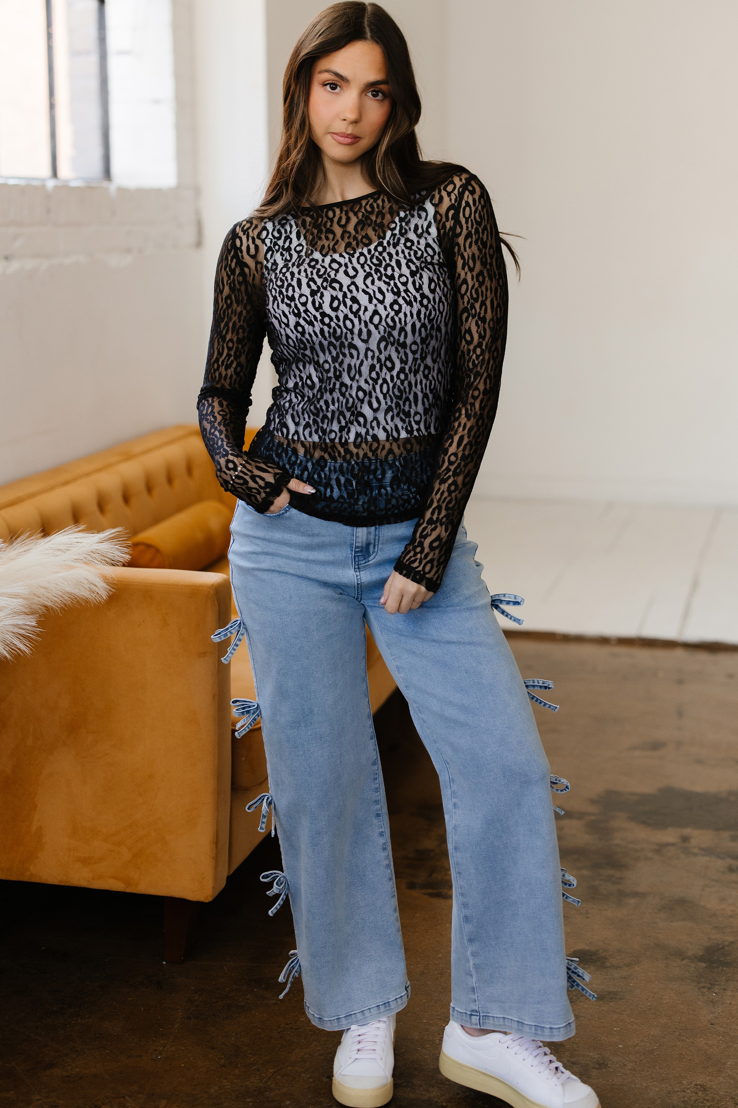 Black Leopard Pattern Sheer Mesh Long Sleeve Top - loveforevers