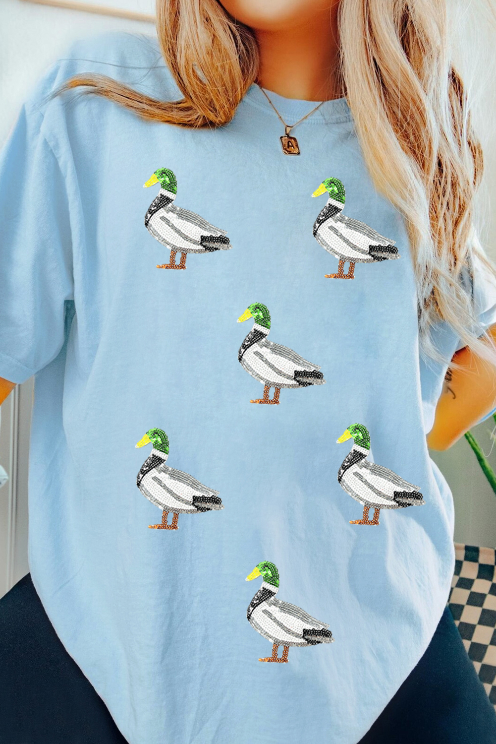 Light Blue Sequin Mallard Graphic Womens Casual Tee - loveforevers
