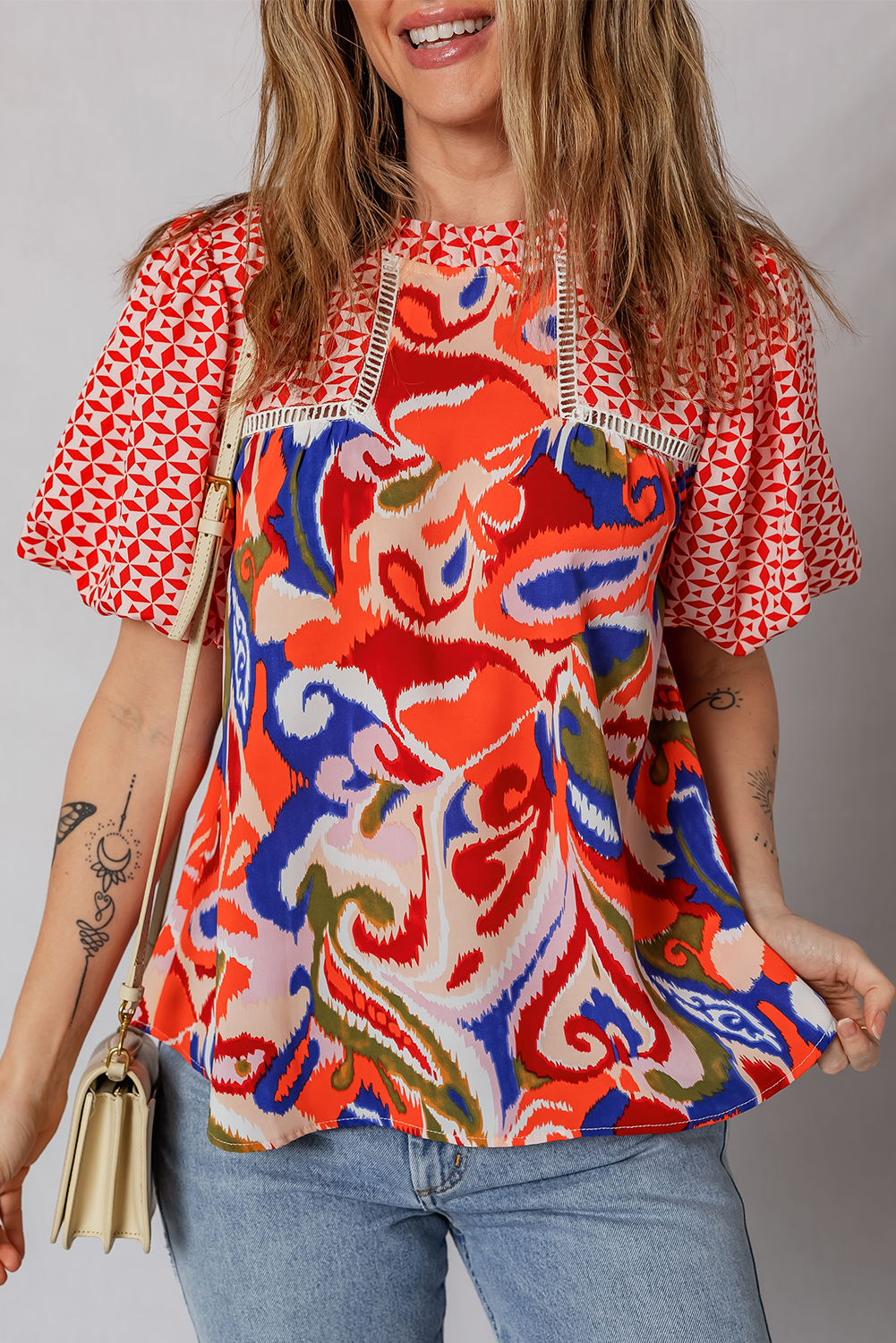 Red Paisley Geometric Mixed Print Patchwork Puff Sleeve Blouse Top - loveforevers