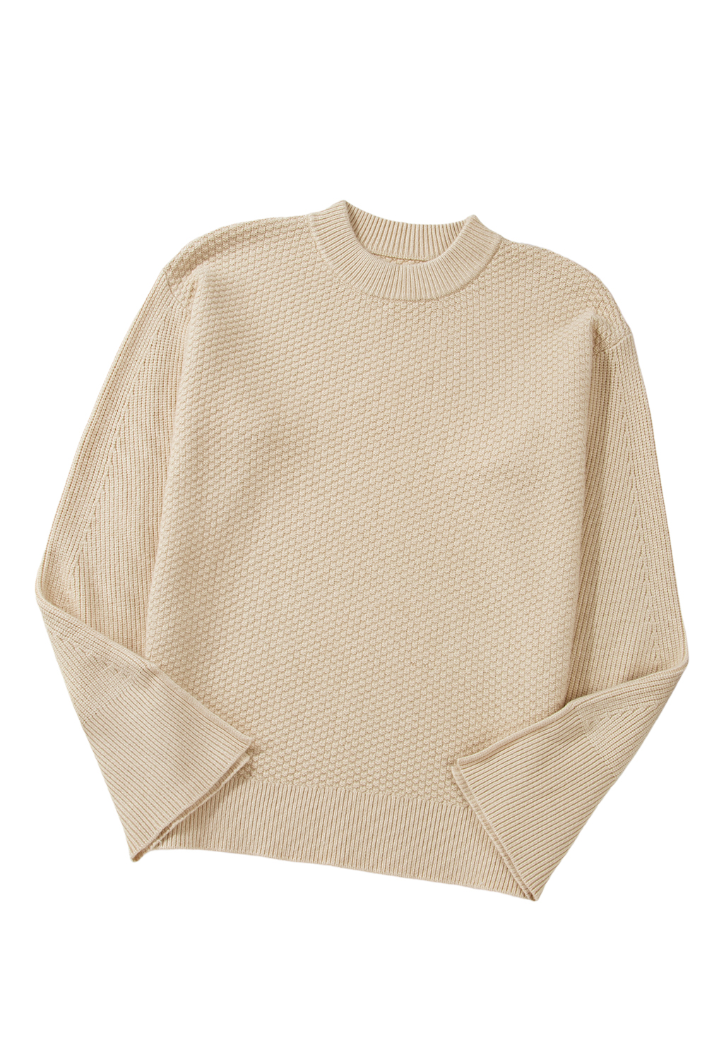 Parchment Solid Textured Knit Split Cuff Drop Shoulder Loose Sweater - loveforevers