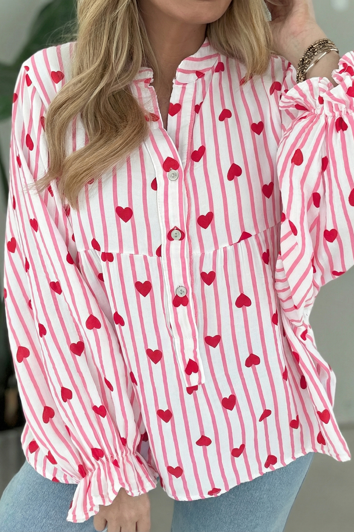 Pink Stripe Textured Heart Print Long Flounce Sleeve Shirt - loveforevers