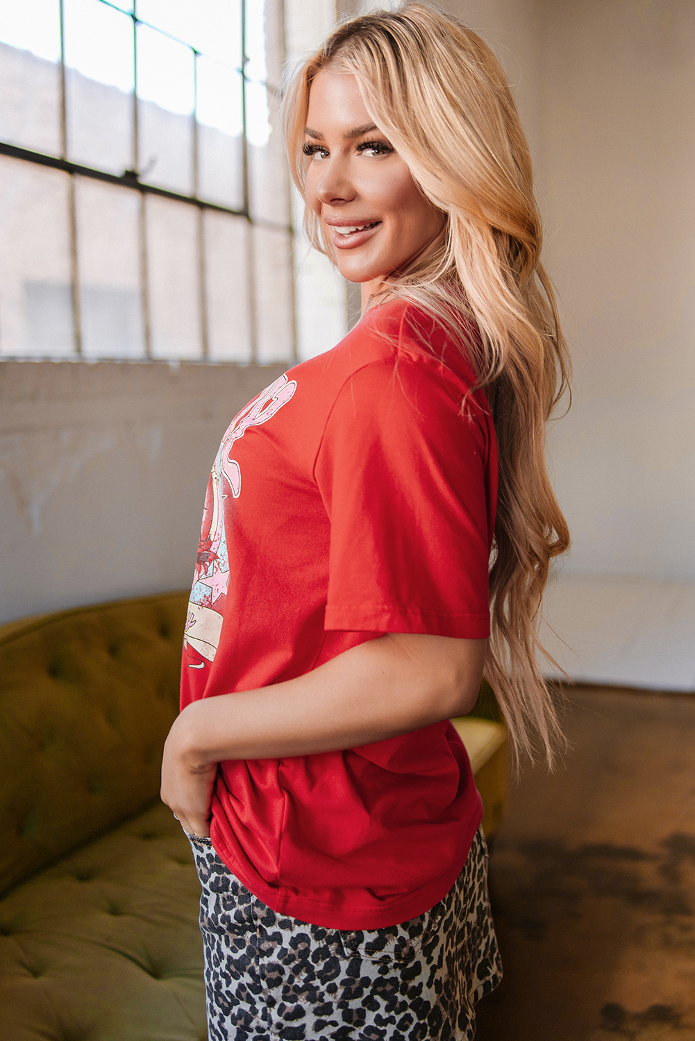 Tomato Red COWBOY Take Me Away Graphic Western Loose Tee - loveforevers