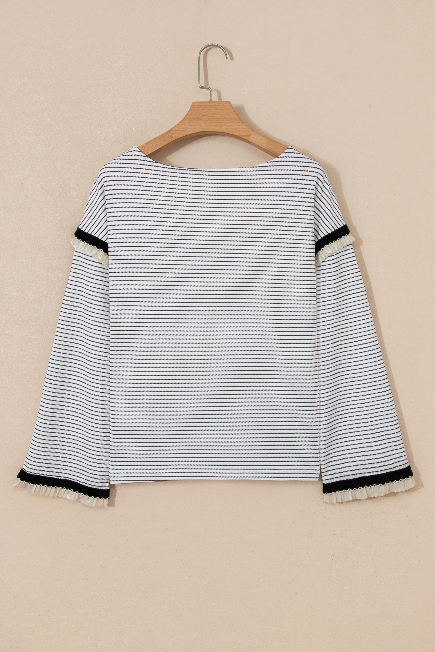 White Stripe Contrasted Ruffle Trim Loose Long Sleeve Top - loveforevers
