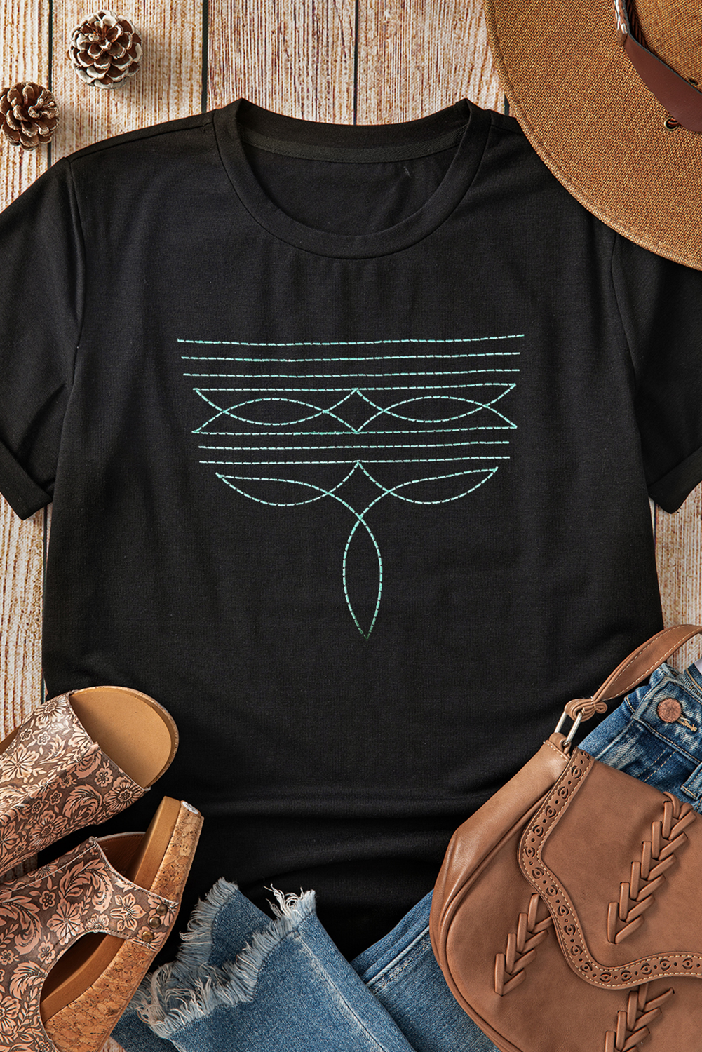 Black Western Fashion Geometric Embroidered T Shirt - loveforevers