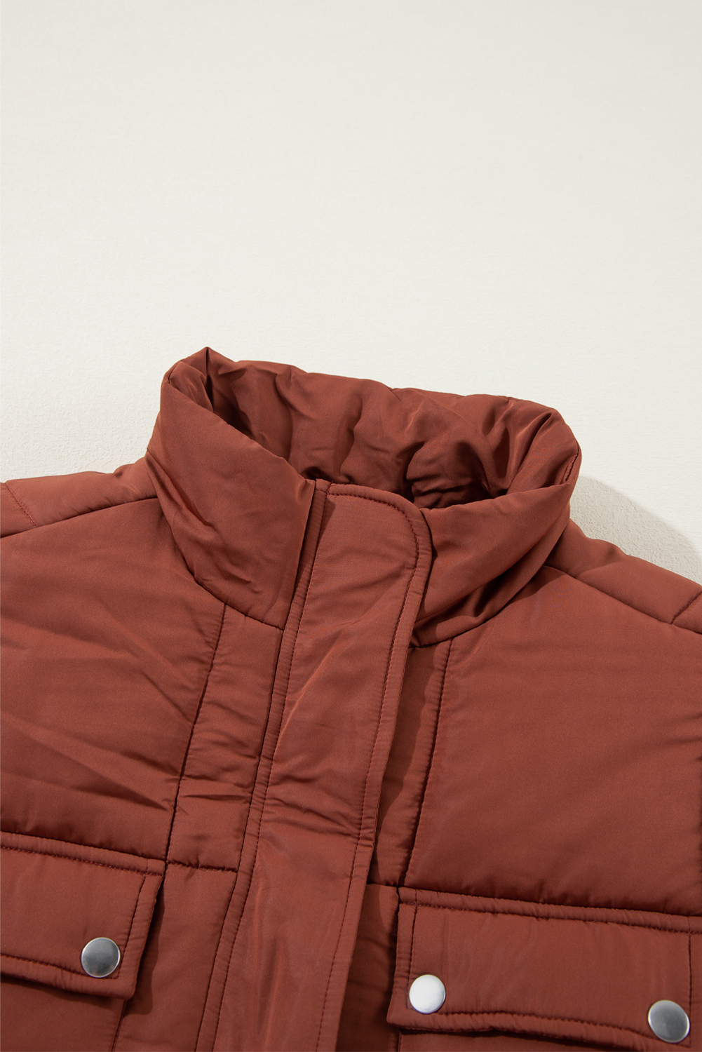 Coffee Quilted Puffer Stand Neck Zipped Mid-length Coat - loveforevers