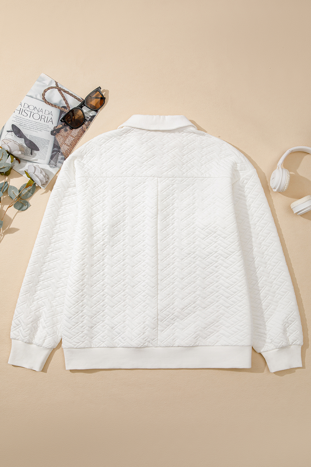 White Textured Pocketed Collared V Neck Pullover Sweatshirt - loveforevers
