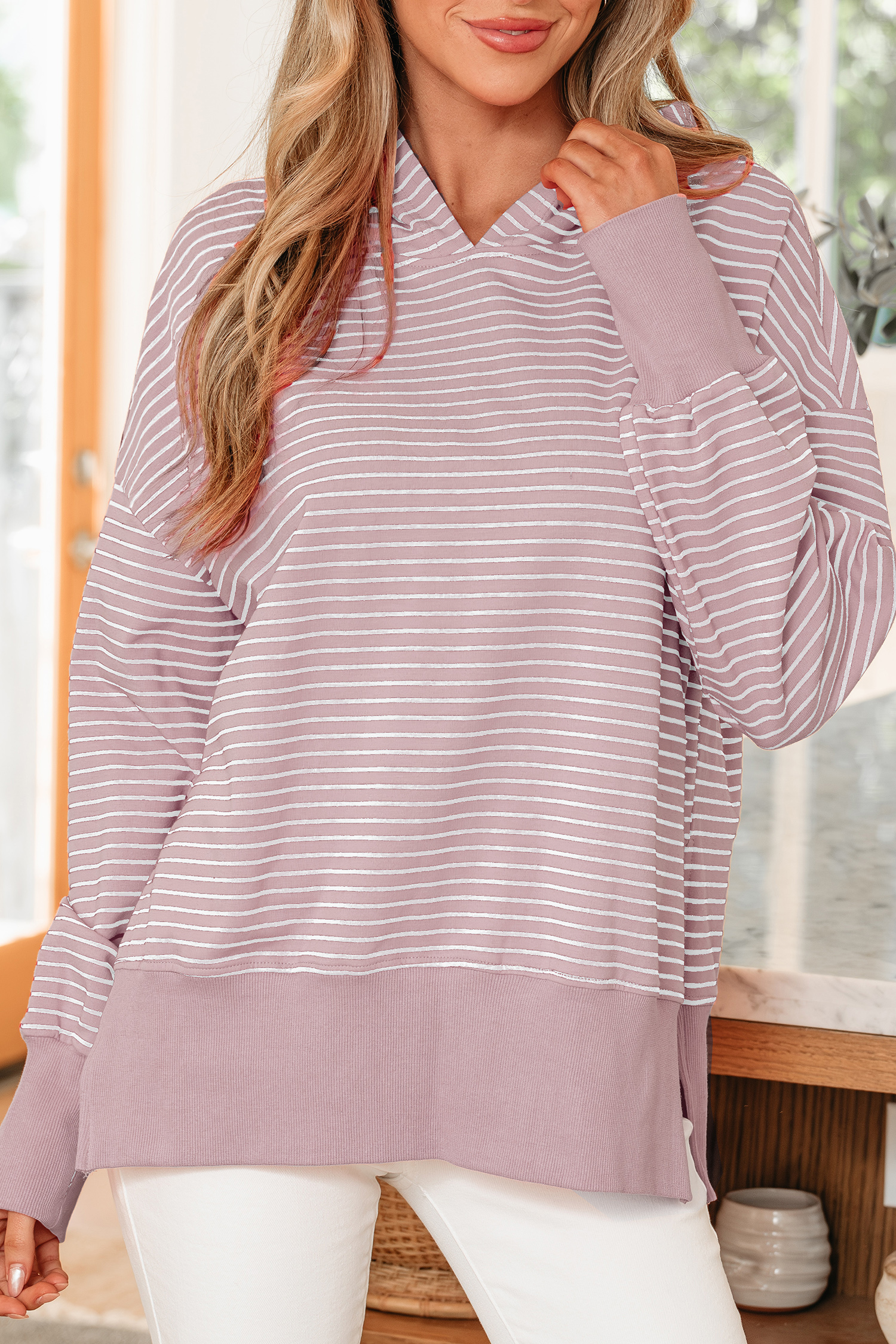 Purple Stripe Thumbhole Side Slits Drop Shoulder Loose Fit Hoodie - loveforevers