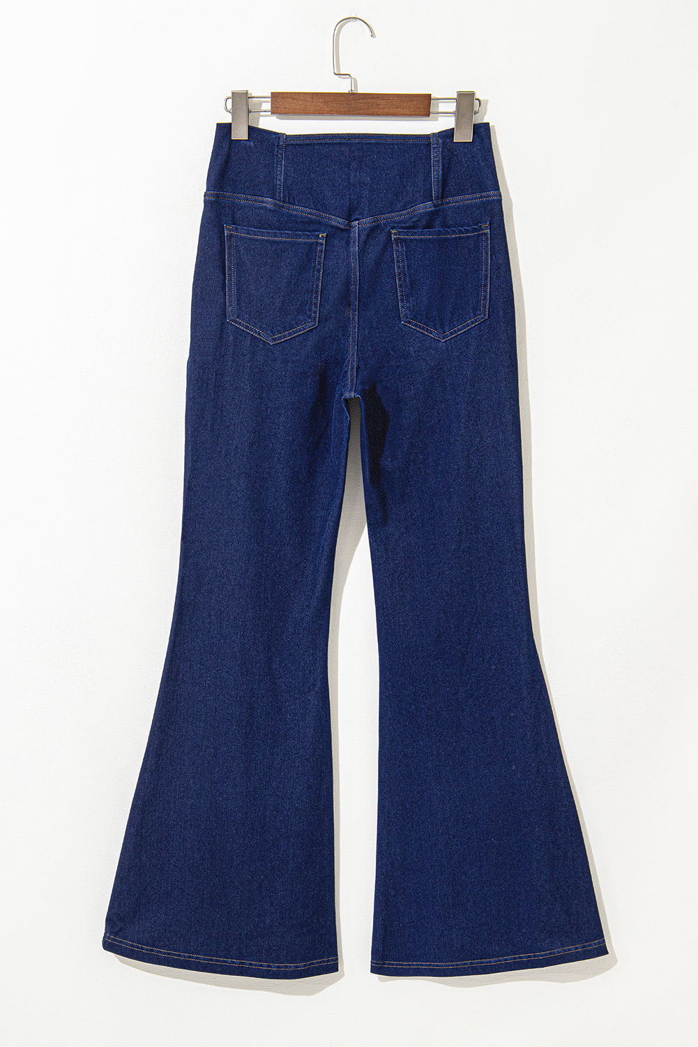 Dusk Blue Solid Crossed Waist High Elastic Fit Flare Knit Jeans - loveforevers