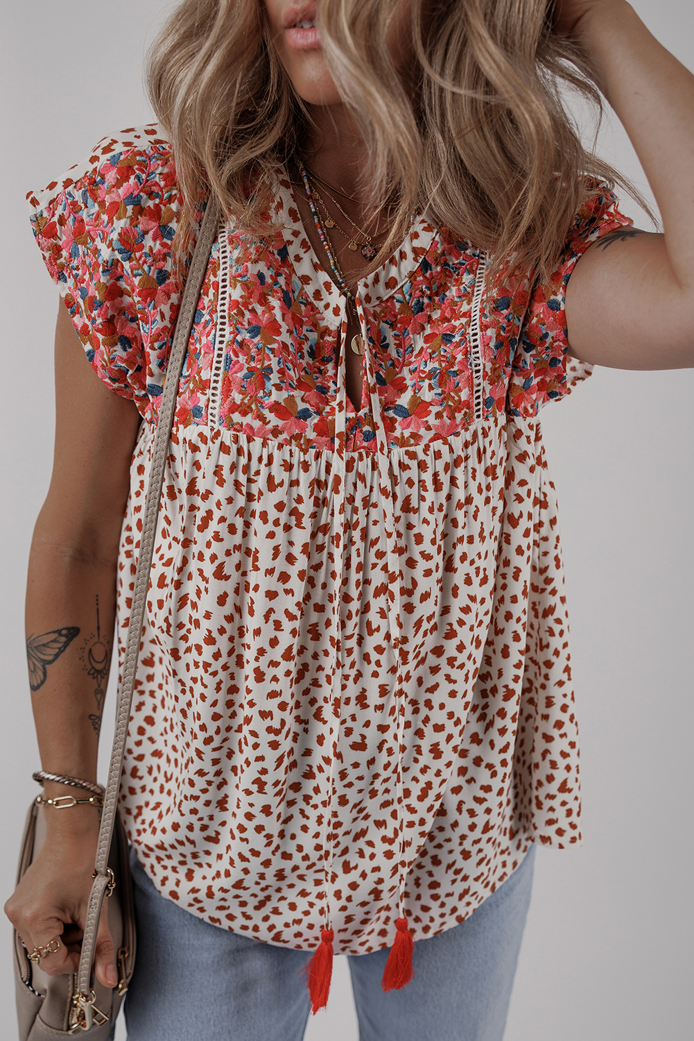 Red Printed Embroidery Detail Tie Split Neck Blouse - loveforevers