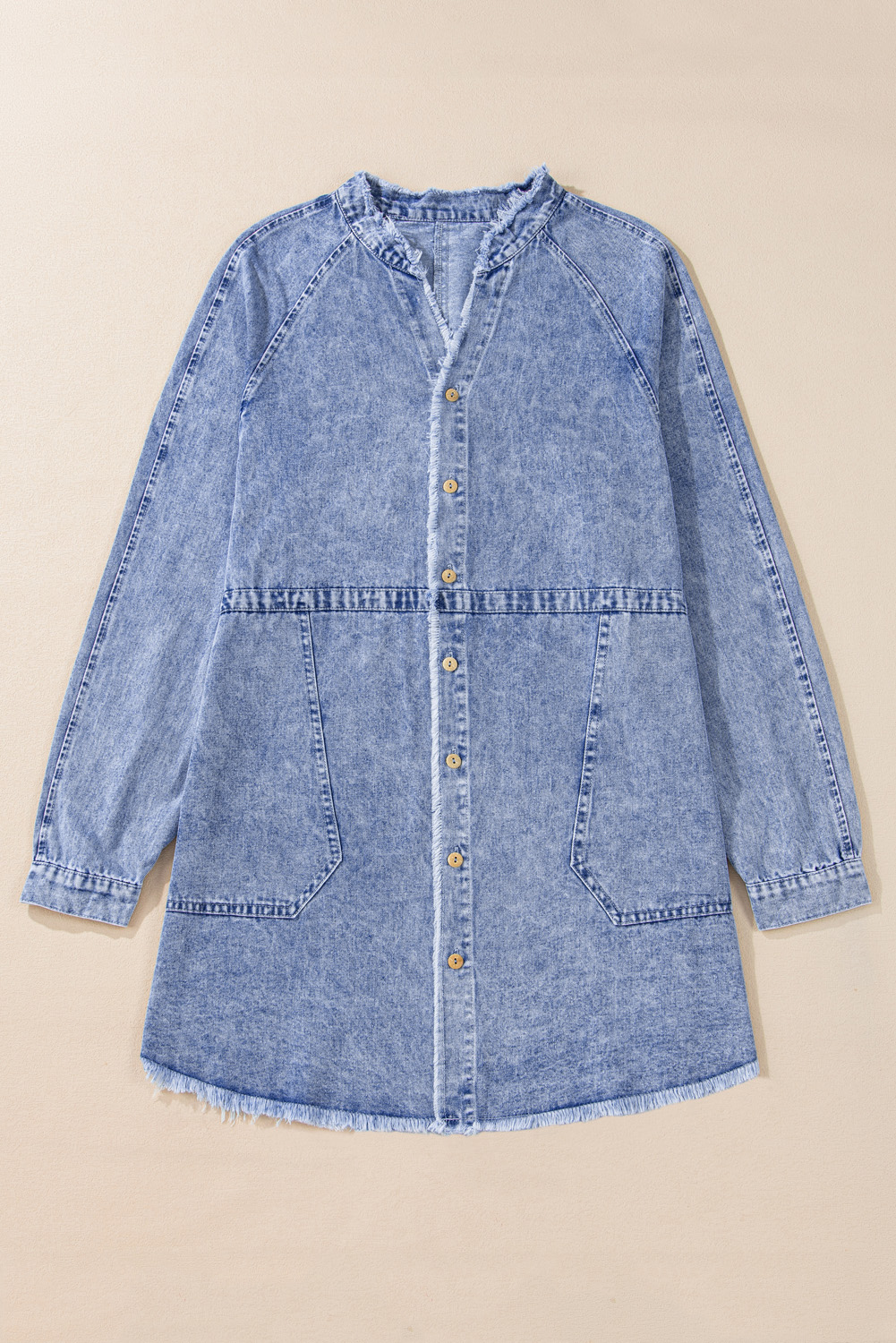 Beau Blue Mineral Wash Long Sleeve Button Up Raw Hem Pocketed Denim Dress - loveforevers