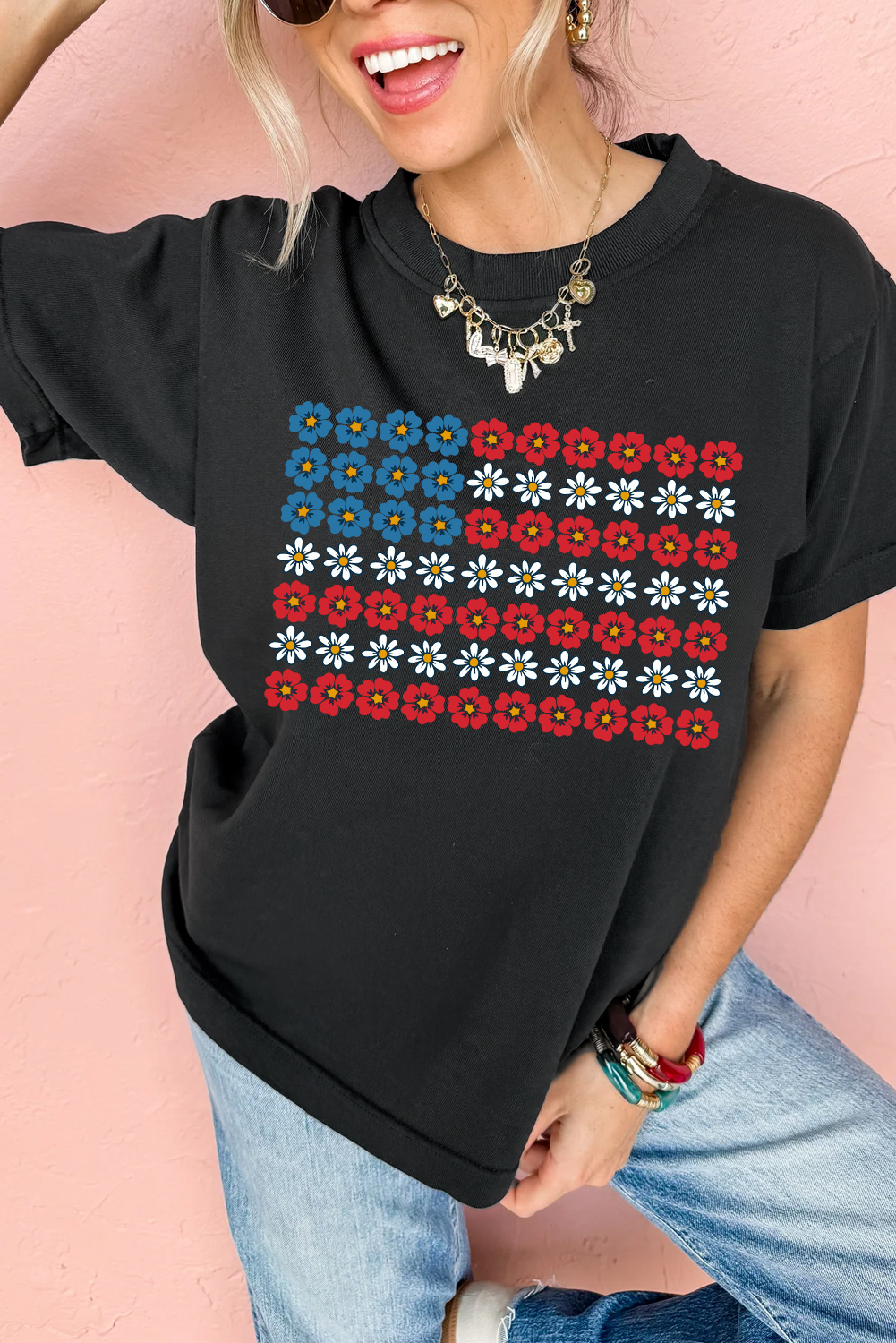 Black Cute Flowers Make Up American Flag Trendy Graphic T Shirt - loveforevers