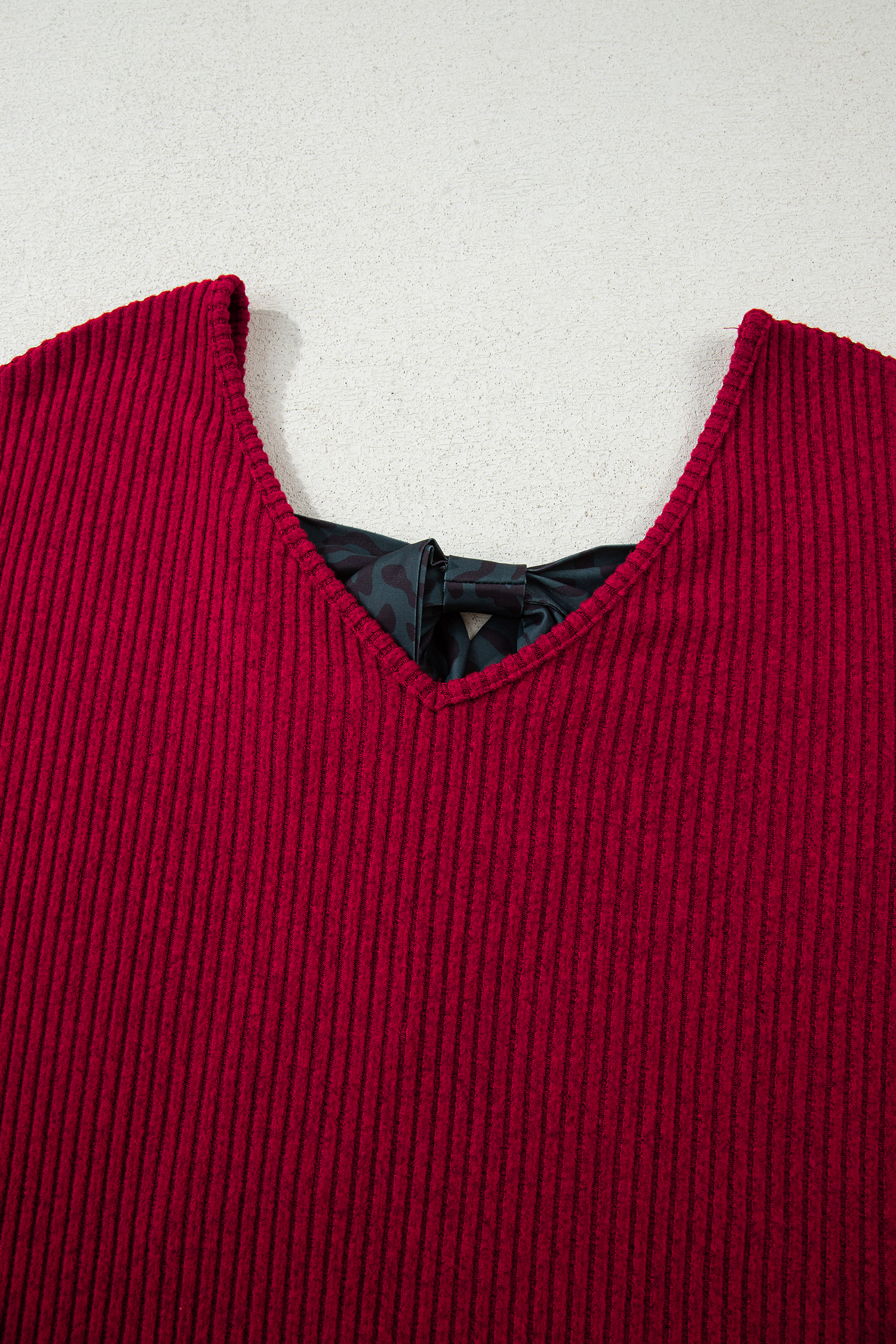 Racing Red Ribbed V Neck Contrast Ribbon Bow Back Drop Shoulder Long Sleeve Top - loveforevers