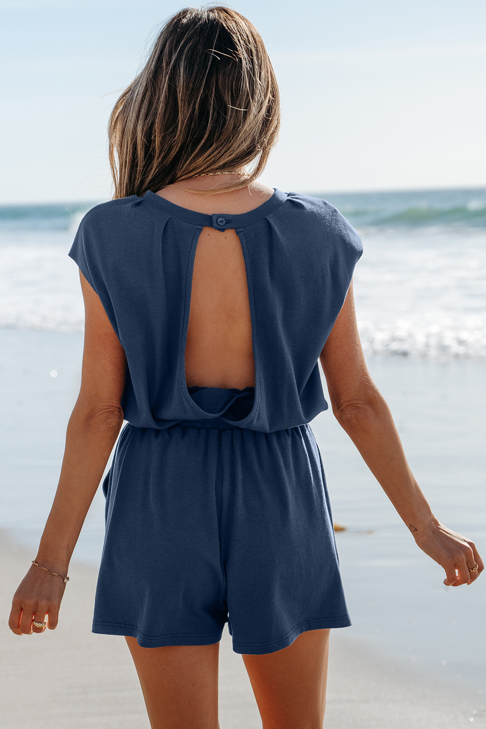 Bristol Black Knit Open Back Cap Sleeve Drawstring Elastic Waistband Romper - loveforevers