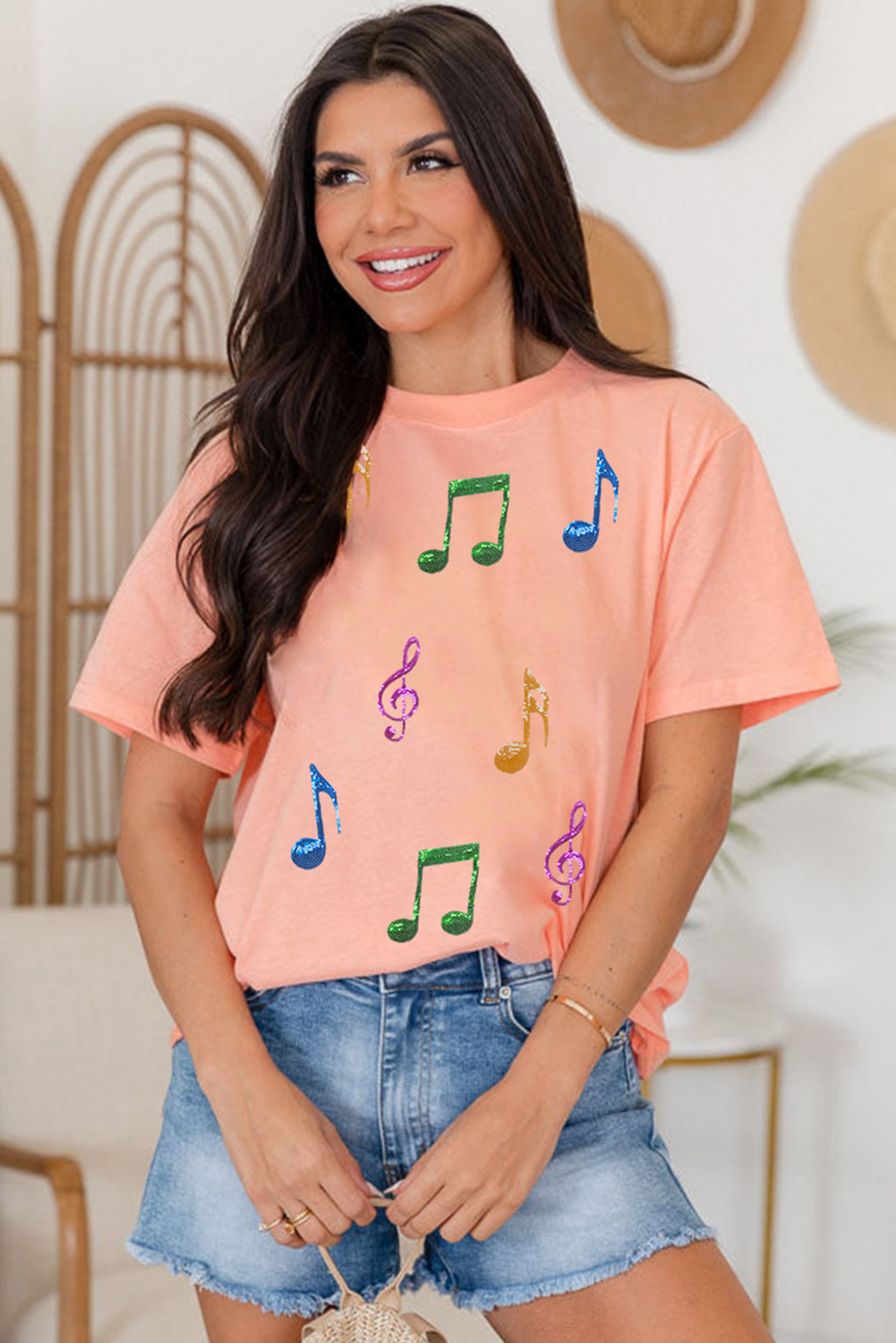Pink Music Notes Patched Graphic Casual T Shirt - loveforevers