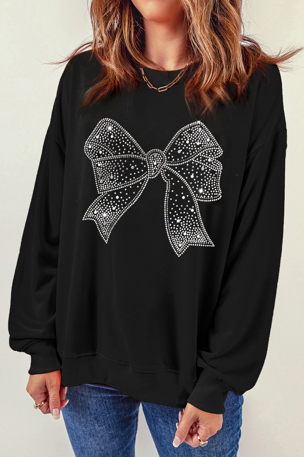 Black Rhinestone Bowknot Graphic Crewneck Pullover Sweatshirt - loveforevers