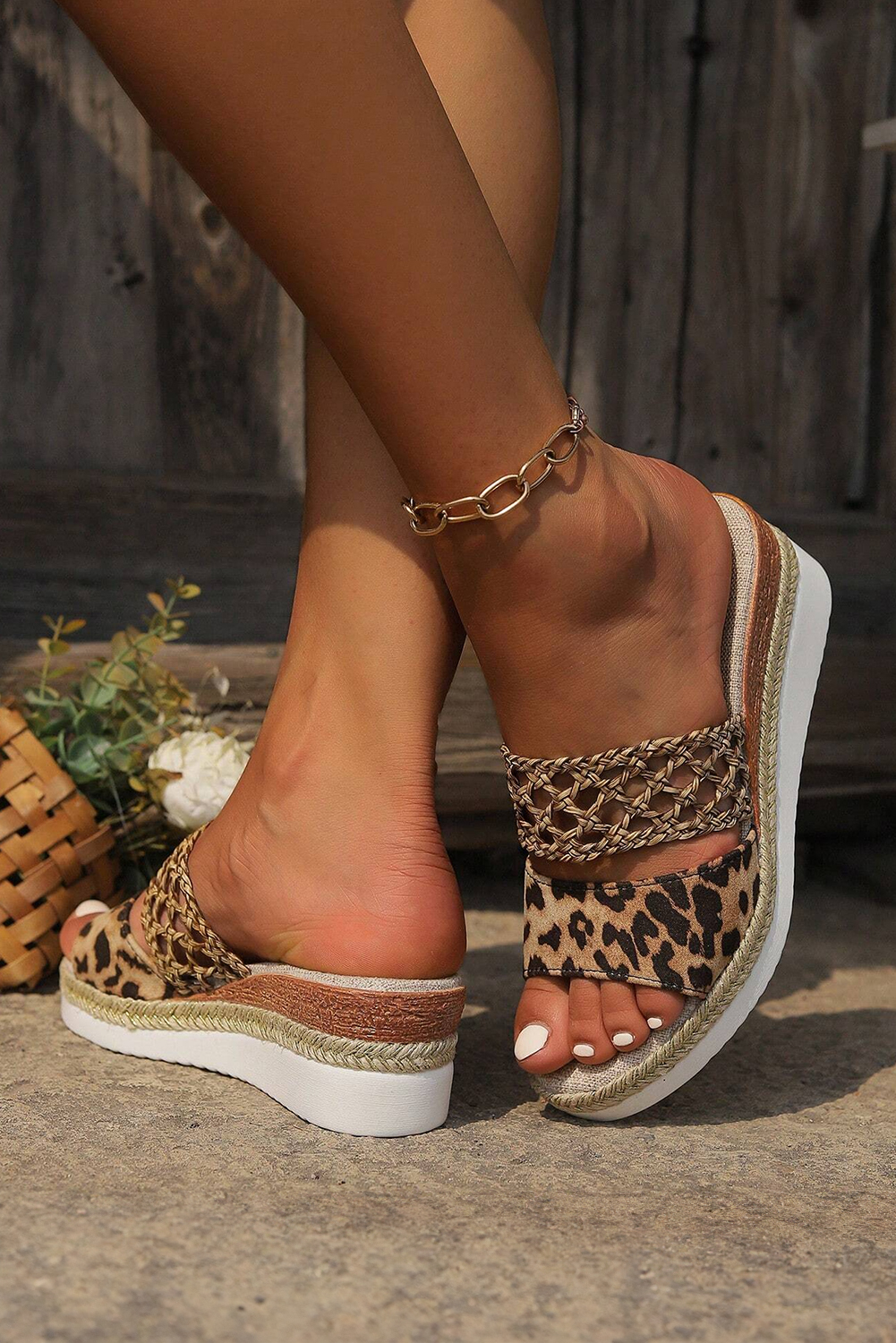 Chestnut Leopard Print Braided Details Wedge Slippers - loveforevers