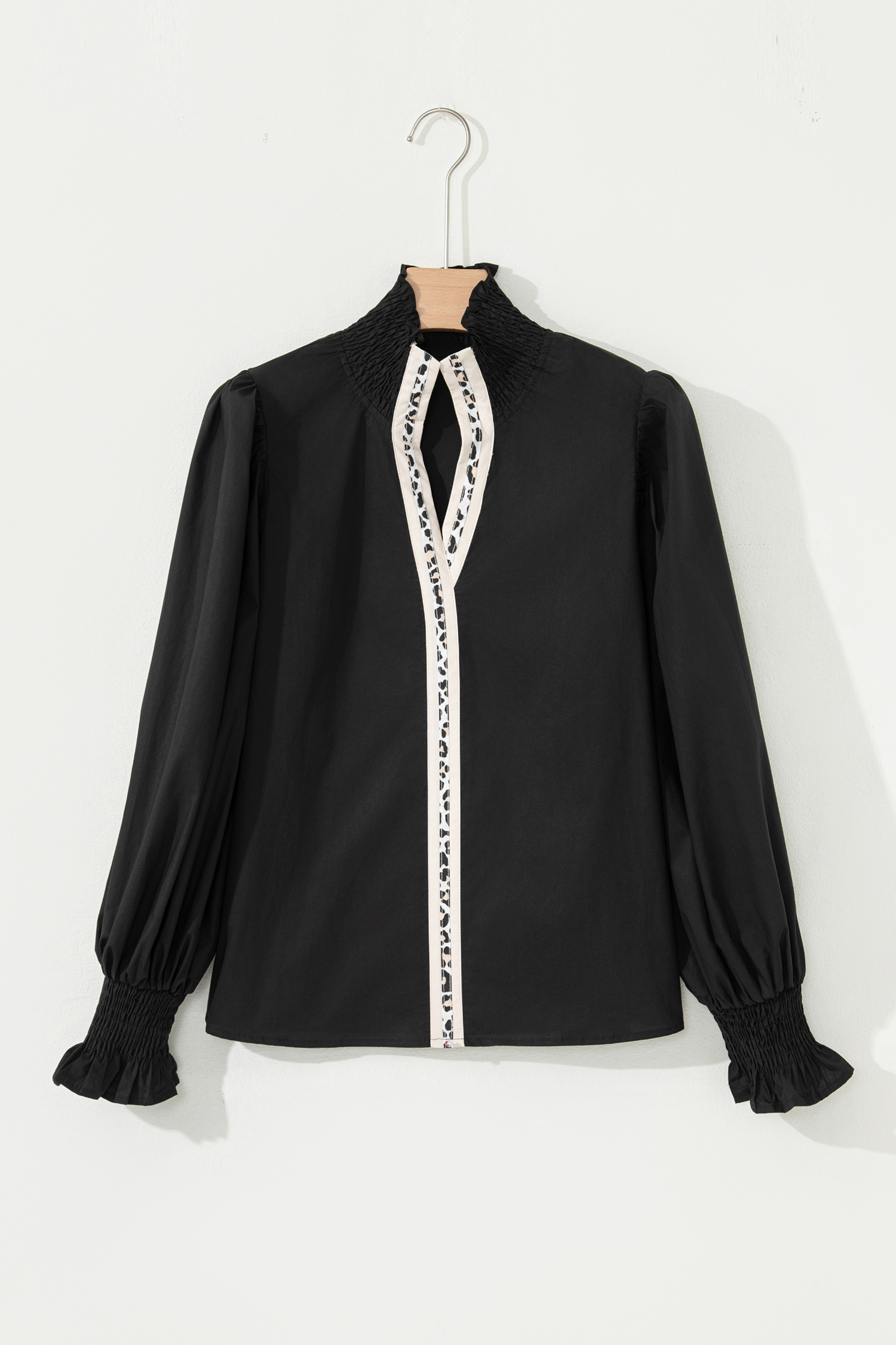 Evergreen Puffy Flounce Sleeve Leopard Trim V Neck Blouse - loveforevers