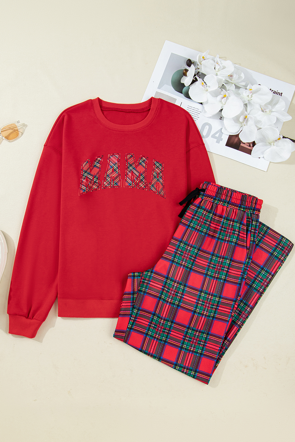Red Plaid Mama Graphic Christmas Holiday Crewneck Pullover and Pants Two Piece Lounge Set - loveforevers
