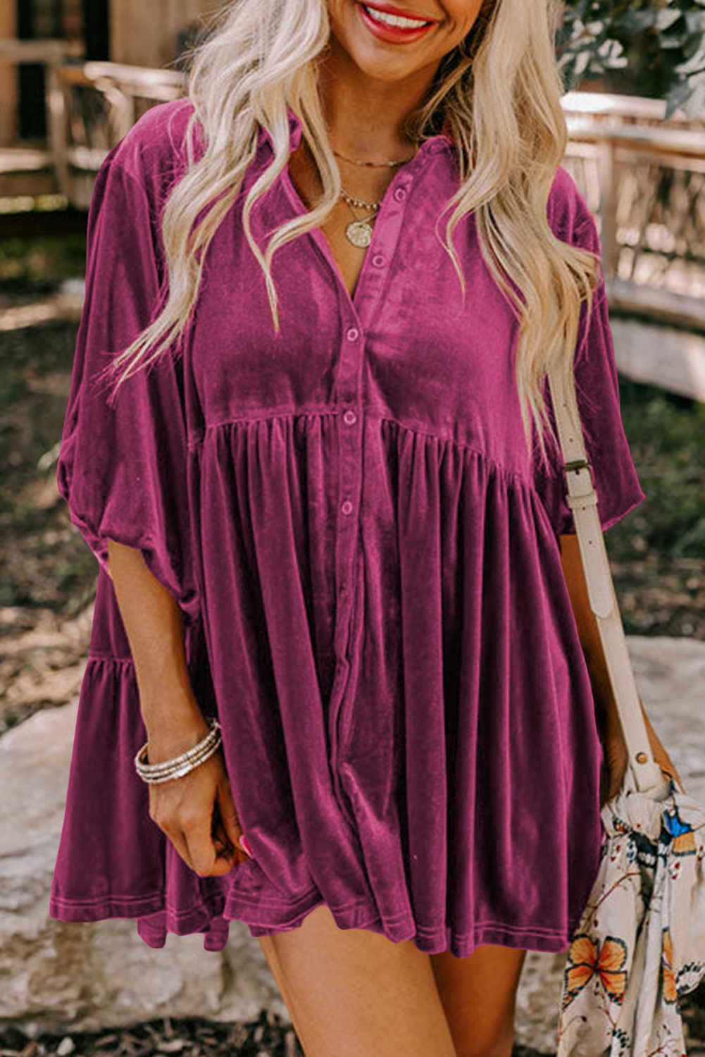 Burgundy 3/4 Sleeve Tunic Babydoll Velvet Shirt - loveforevers
