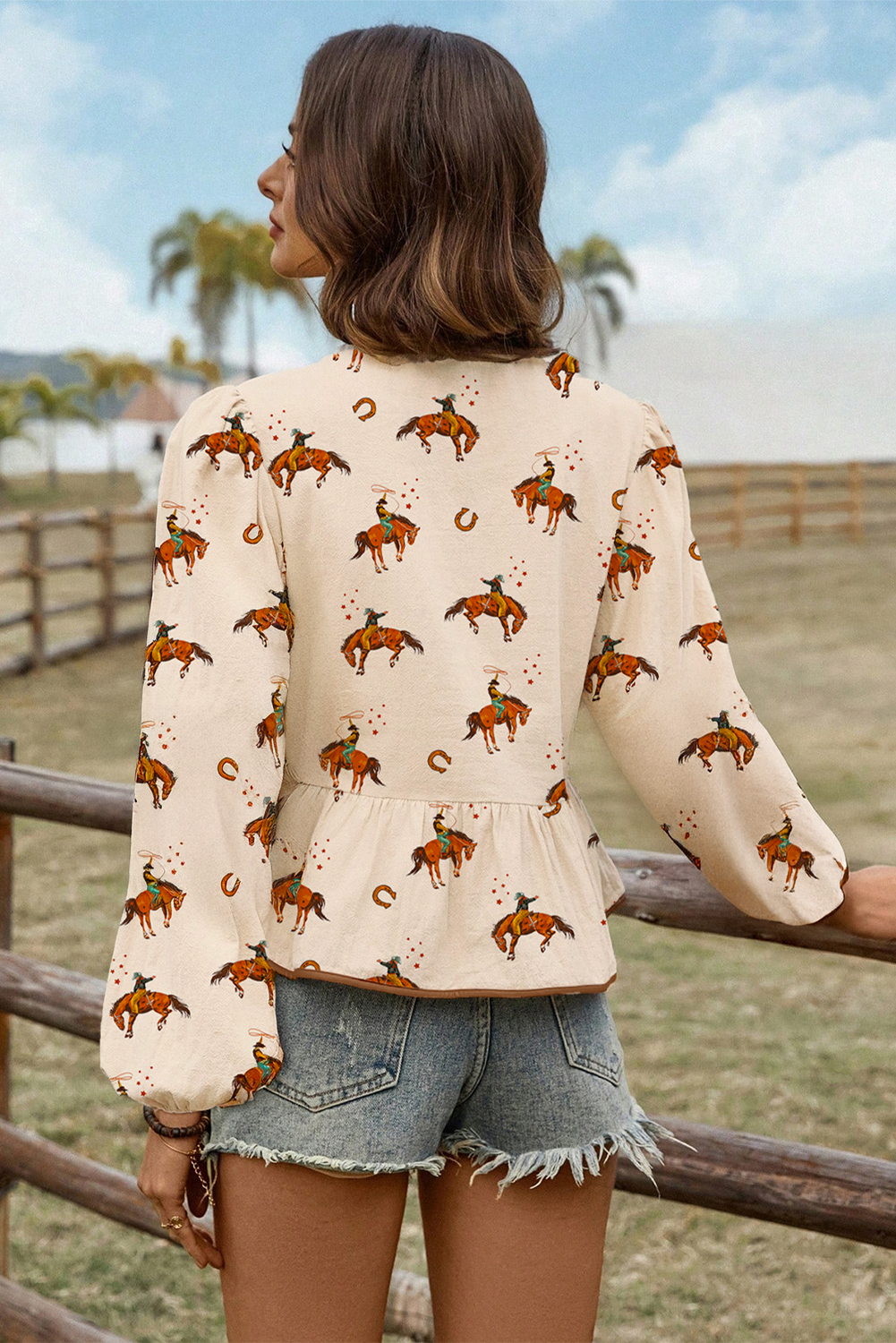 Apricot Western Rodeo Print Tied Front Puff Sleeve Peplum Top - loveforevers