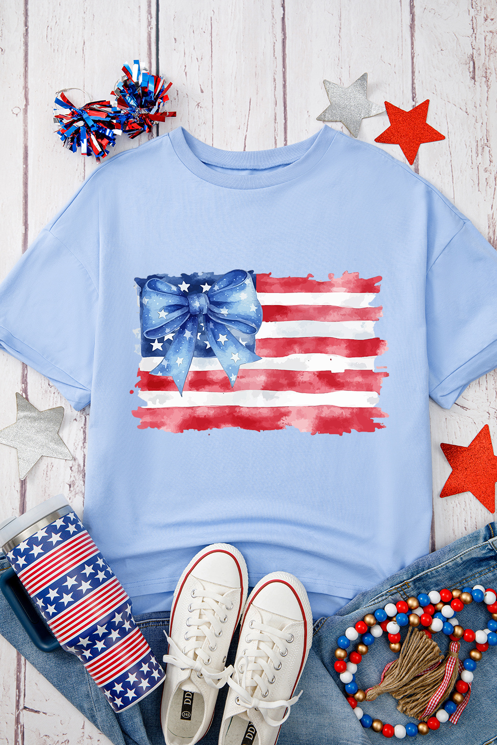 Myosotis American Flag Bow Knot Print Half Sleeve T Shirt - loveforevers