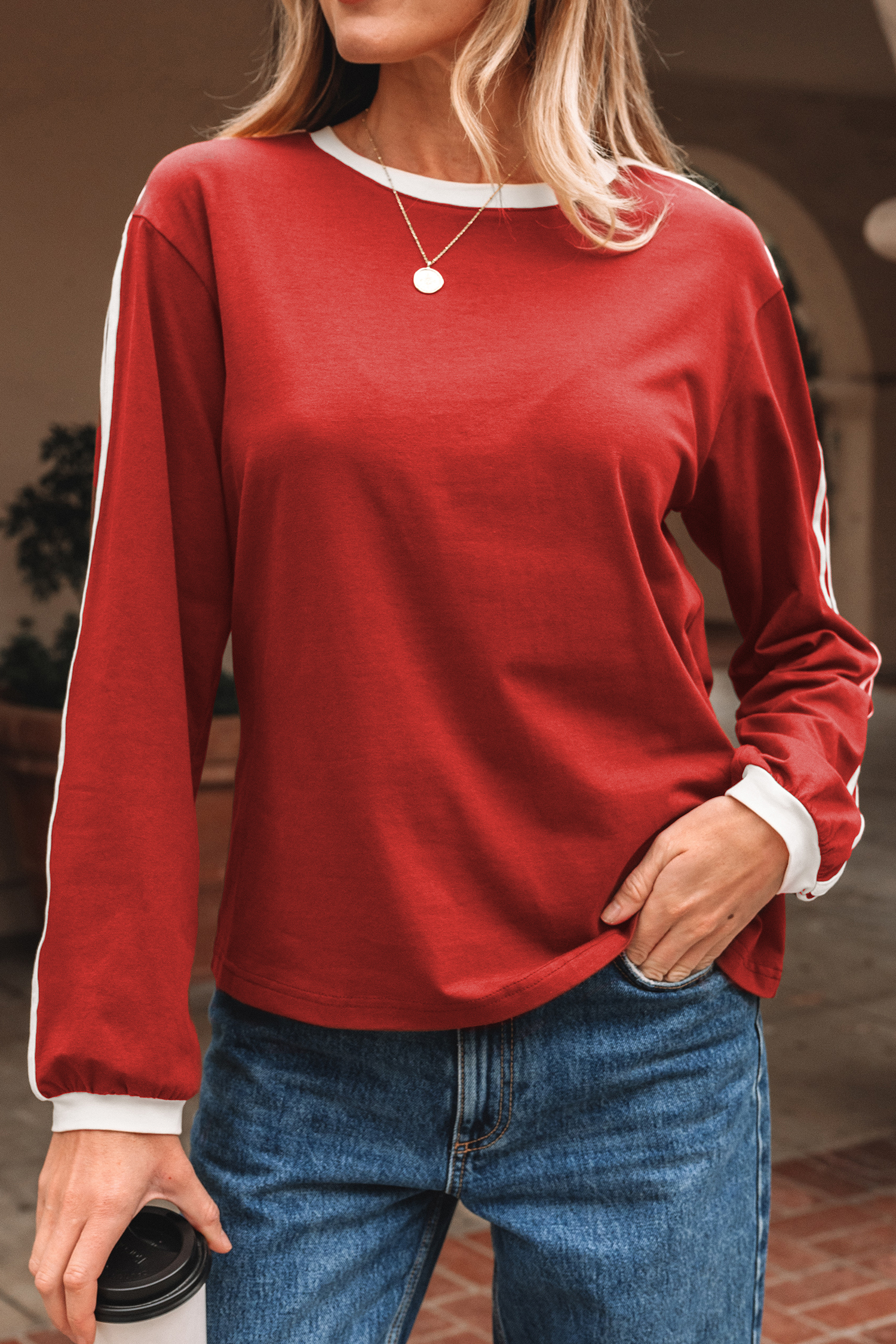 Dark Brown Varsity Striped Accent Contrast Crew Neck Long Sleeve T Shirt - loveforevers