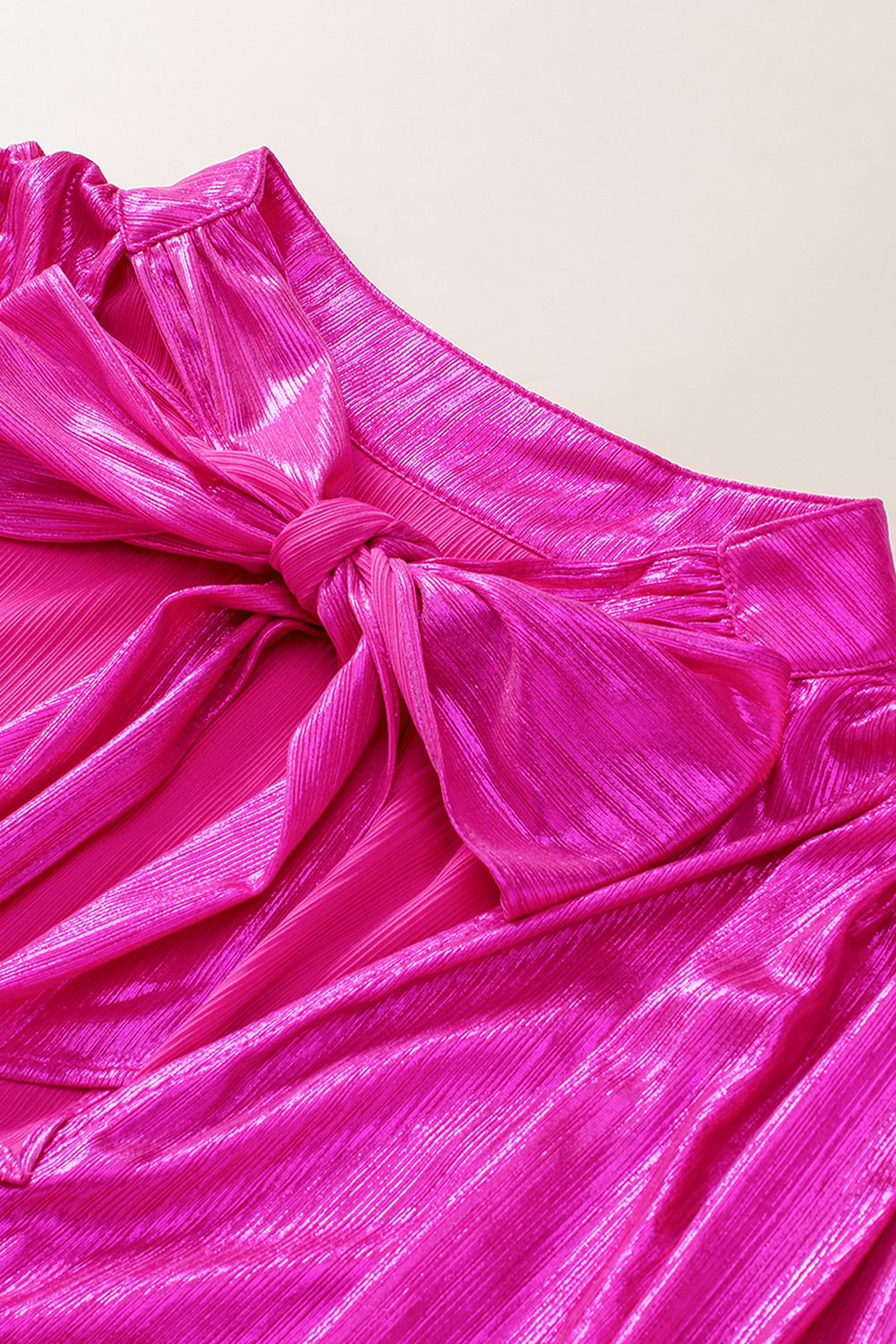Bright Pink Ruched Sleeves Knotted Backless Blouse - loveforevers