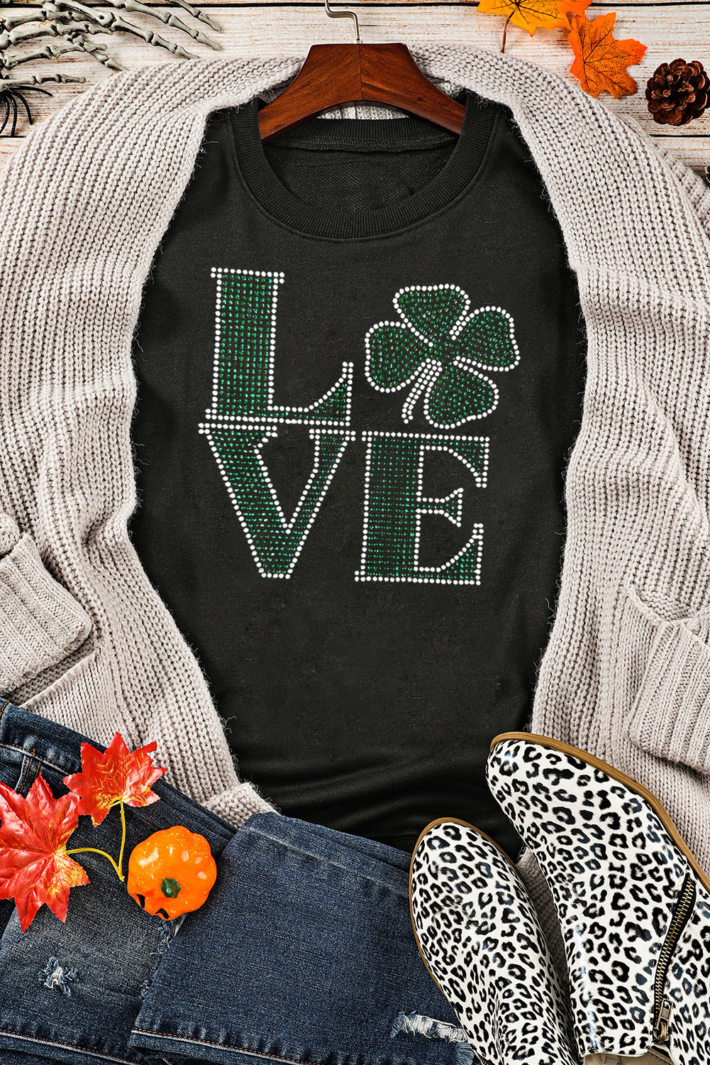 Black Rhinestone LOVE Clover Graphic St Patricks Pullover Sweatshirt - loveforevers