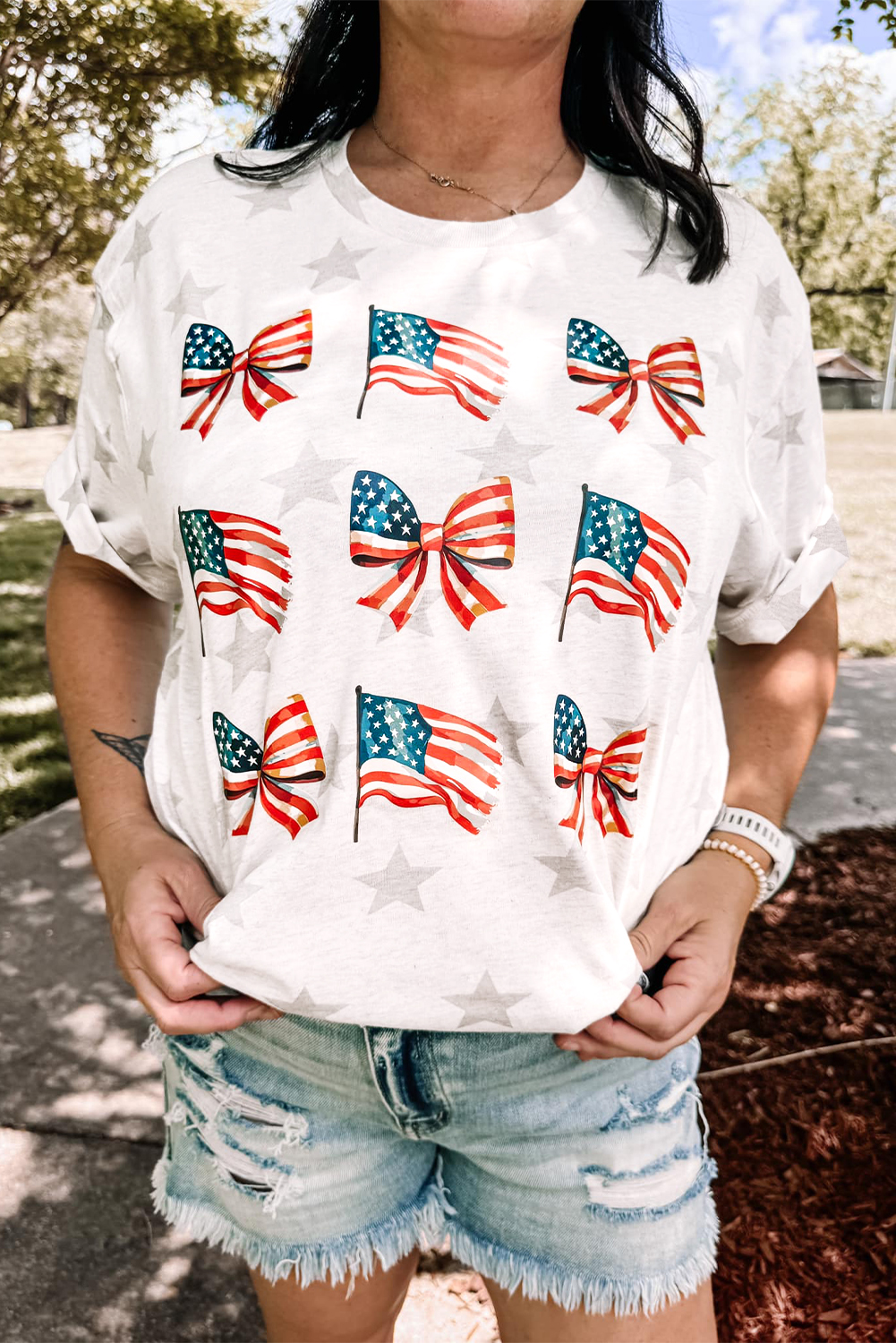 Khaki Patriotic Flag Bow Graphic Starry Round Neck T Shirt - loveforevers
