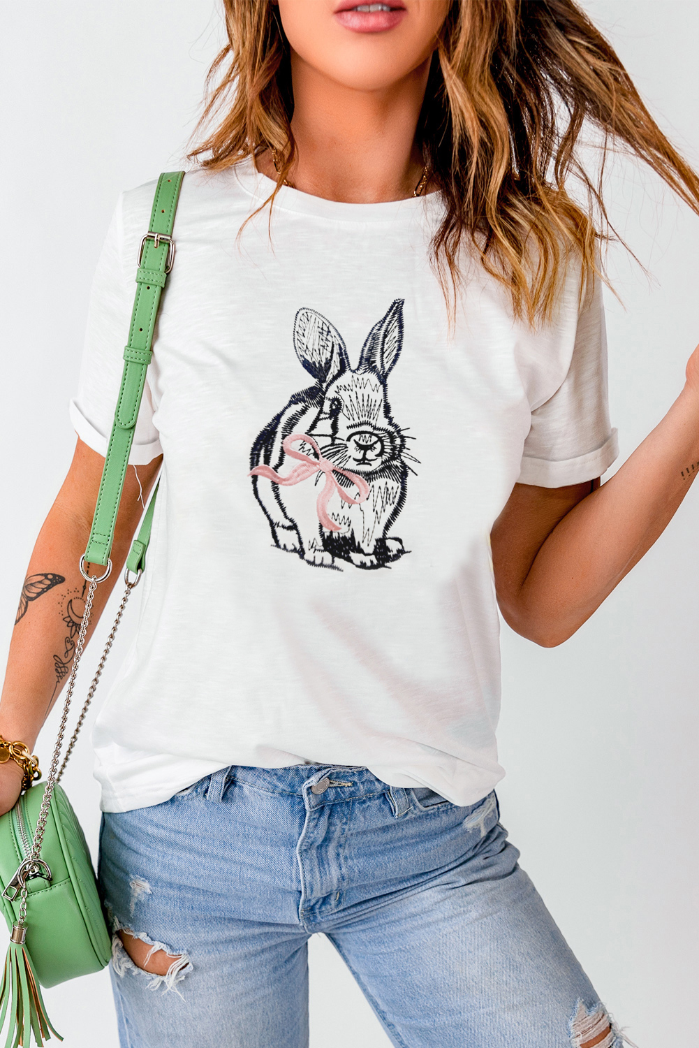 White Bunny Embroidered Bow Graphic Tee - loveforevers
