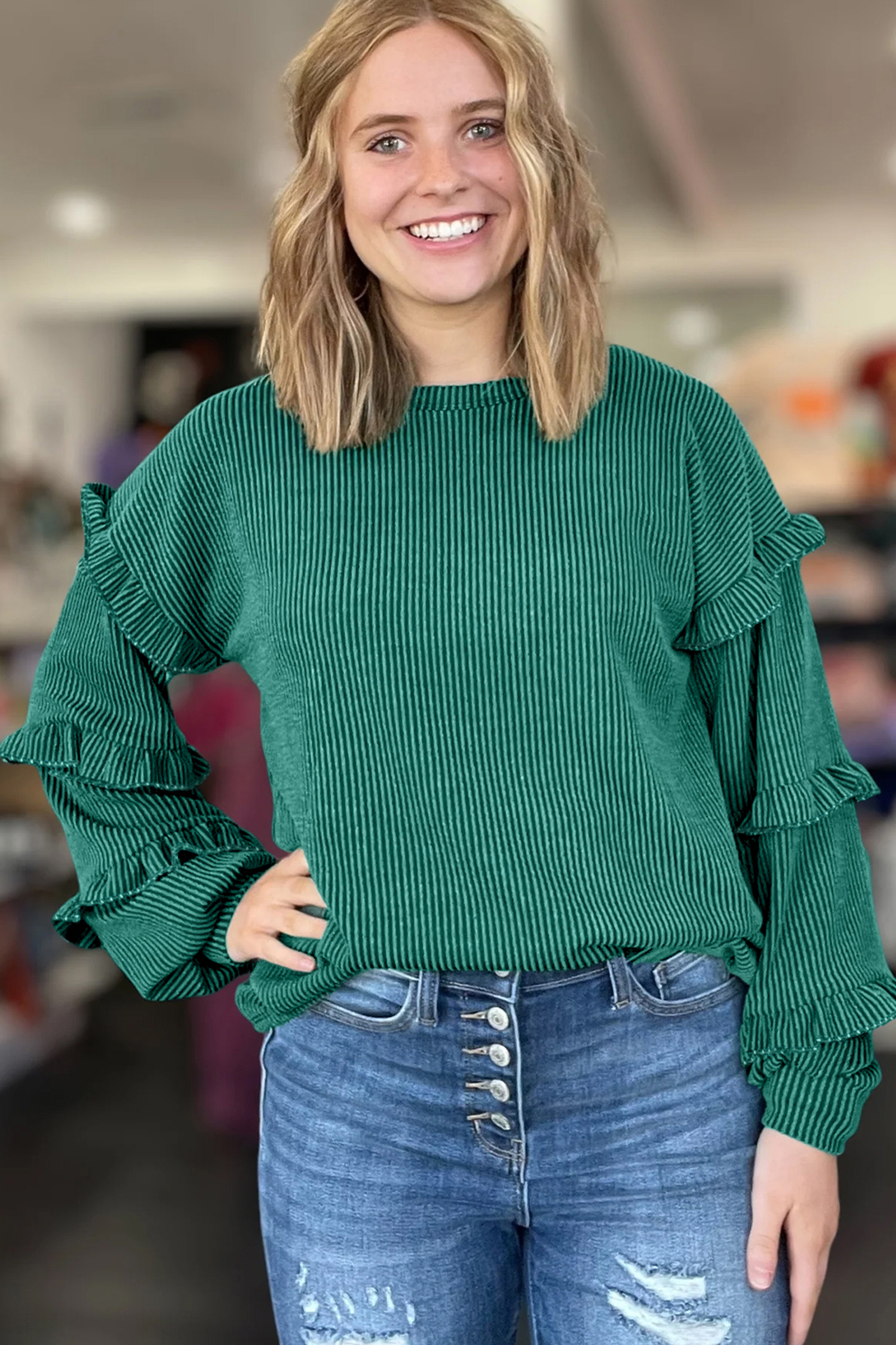 Evergreen Twisted Ribbed Tiered Ruffles Long Sleeve Pullover Top - loveforevers