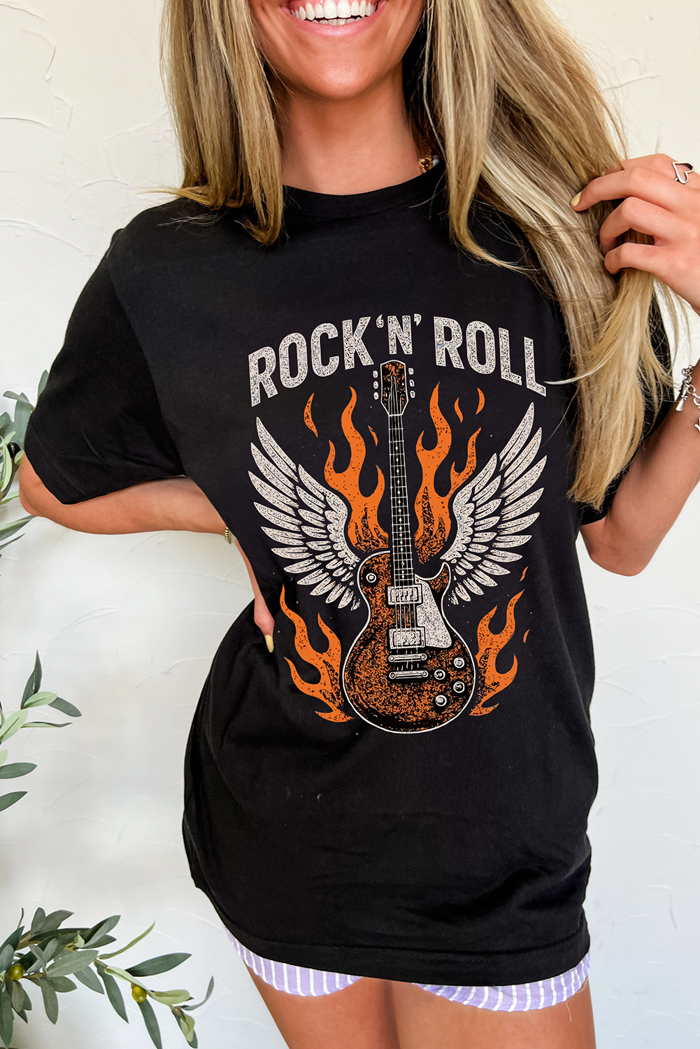 Black Guitar Wings Slogan Print Crew Neck T Shirt - loveforevers