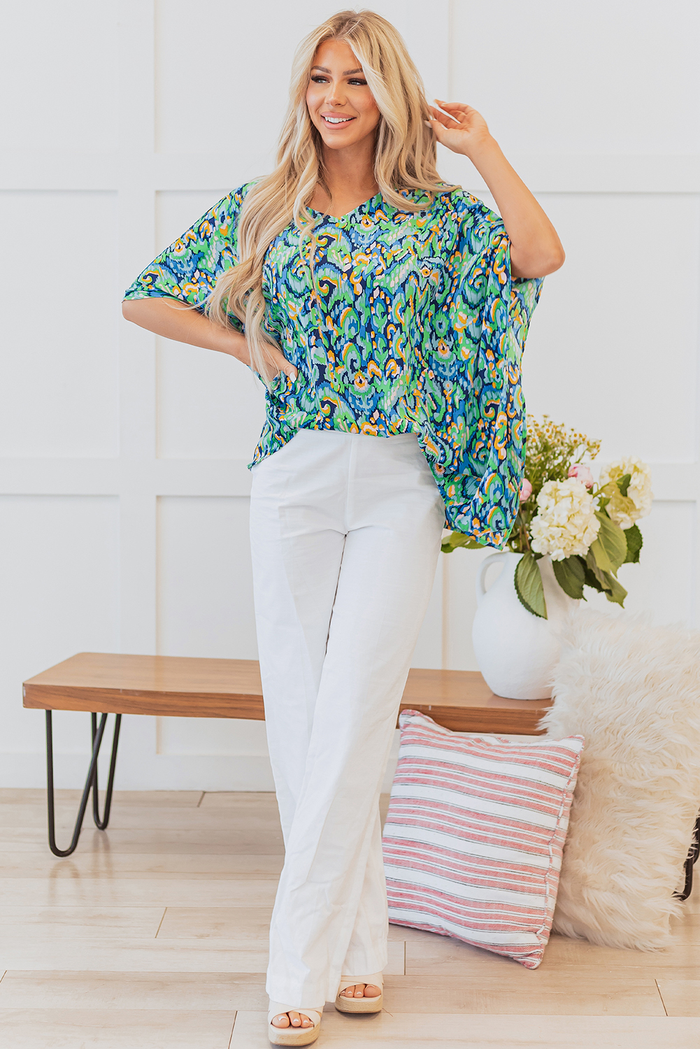 Pink Abstract Print V Neck Half Sleeve Loose Fit Tunic Blouse - loveforevers