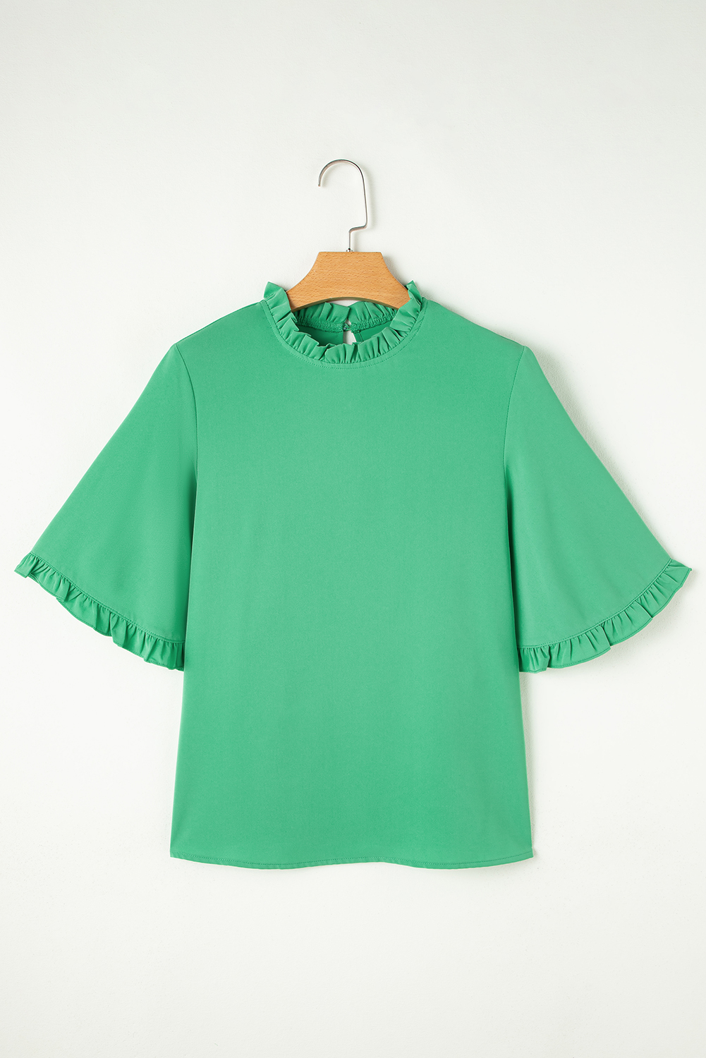 Green Frilly Round Neck Wide Half Sleeve Blouse - loveforevers