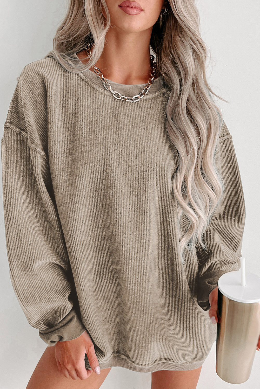 Pink Solid Ribbed Knit Round Neck Pullover Sweatshirt - loveforevers
