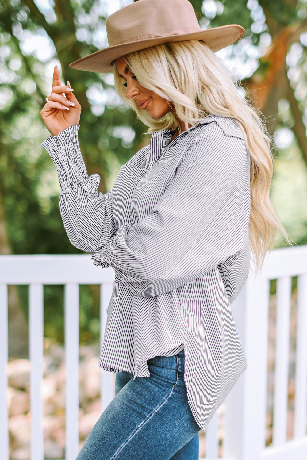 Red Stripe Smocked Cuffed Striped Boyfriend Shirt with Pocket - loveforevers