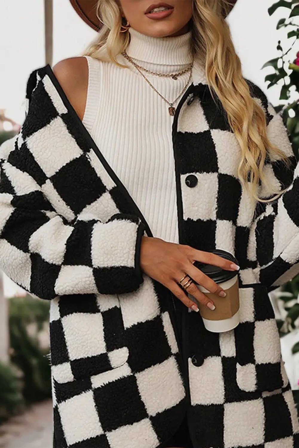 Black Checkered Side Pockets Collared Buttoned Fleece Jacket - loveforevers