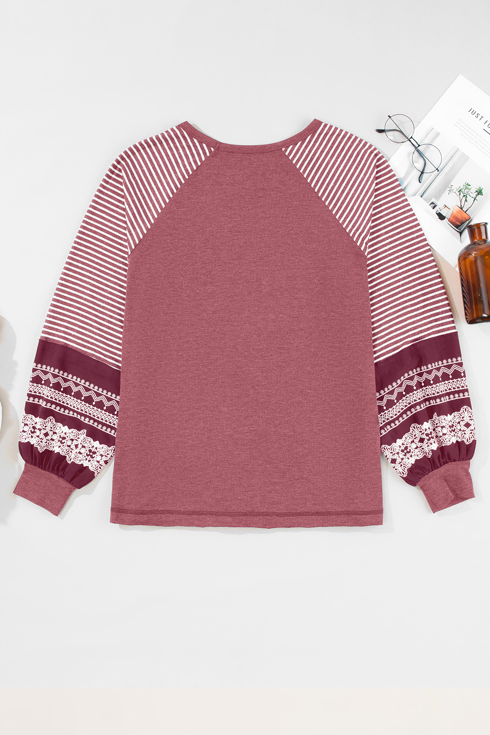 Tillandsia Purple Contrast Print Striped Raglan Long Sleeve Loose Top - loveforevers