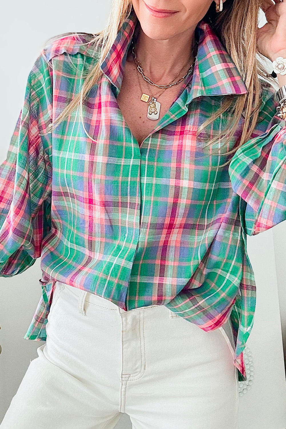 Green Checkered 3/4 Sleeve Collared Loose Fit Shirt - loveforevers