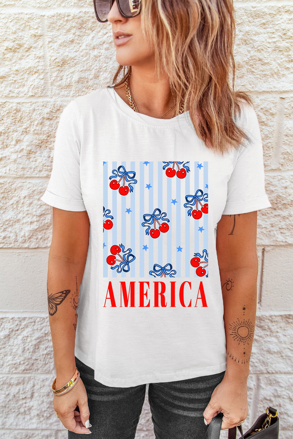White Bow Cherry AMERICA Graphic Crewneck Patriotic T Shirt - loveforevers