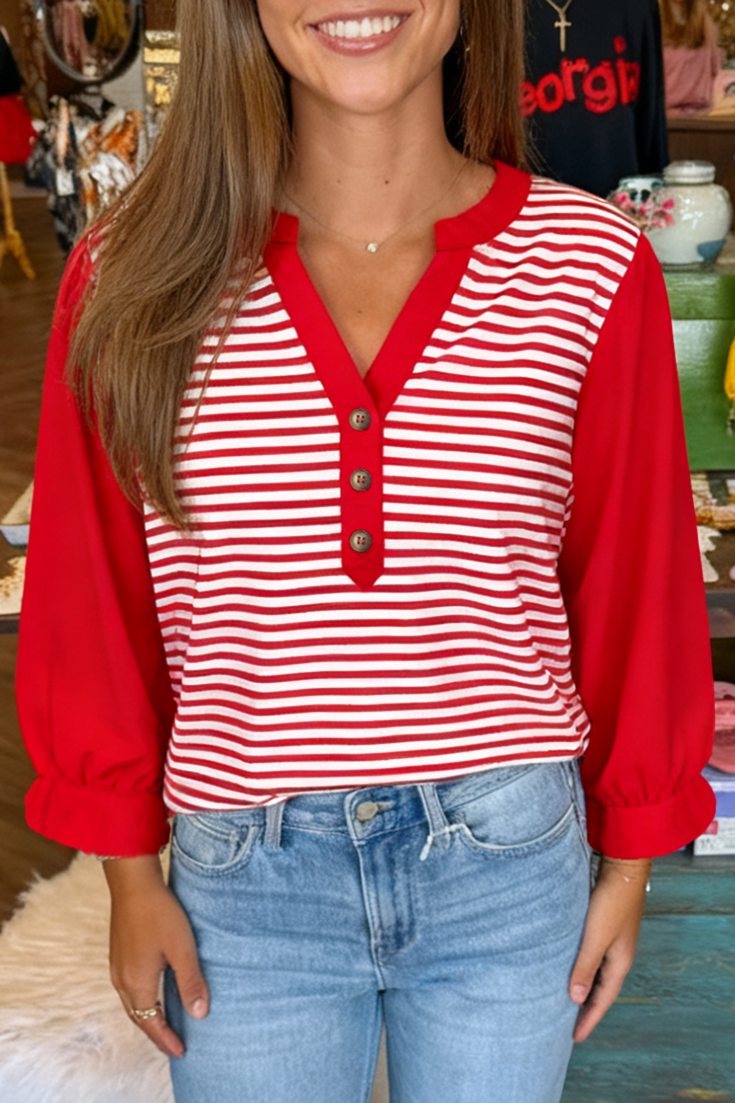 Red Stripe Half Placket V Neck Contrast 3/4 Sleeve Patchwork Top - loveforevers