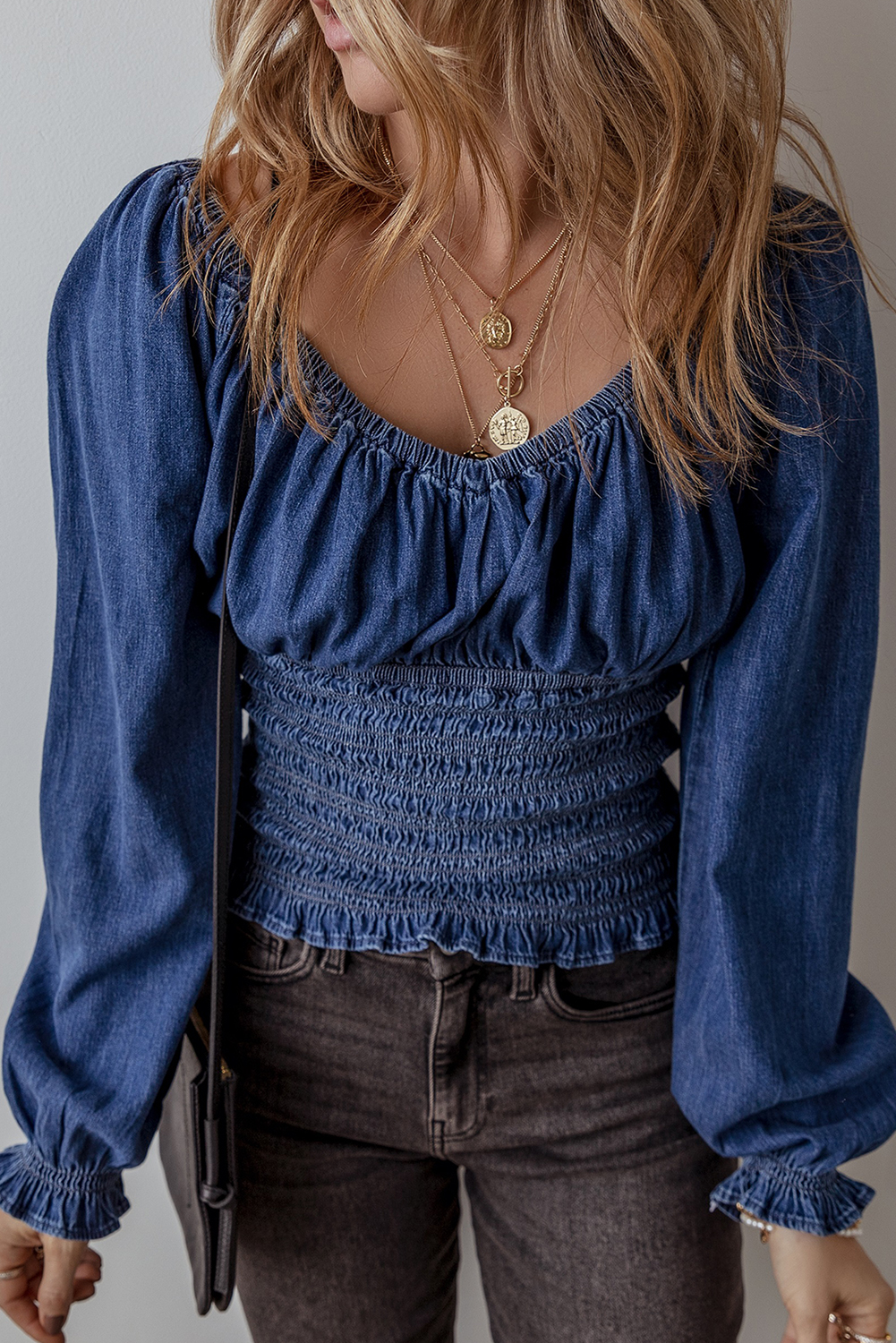 Dark Blue Smocked Ruffled Puff Sleeve V Neck Denim Blouse - loveforevers