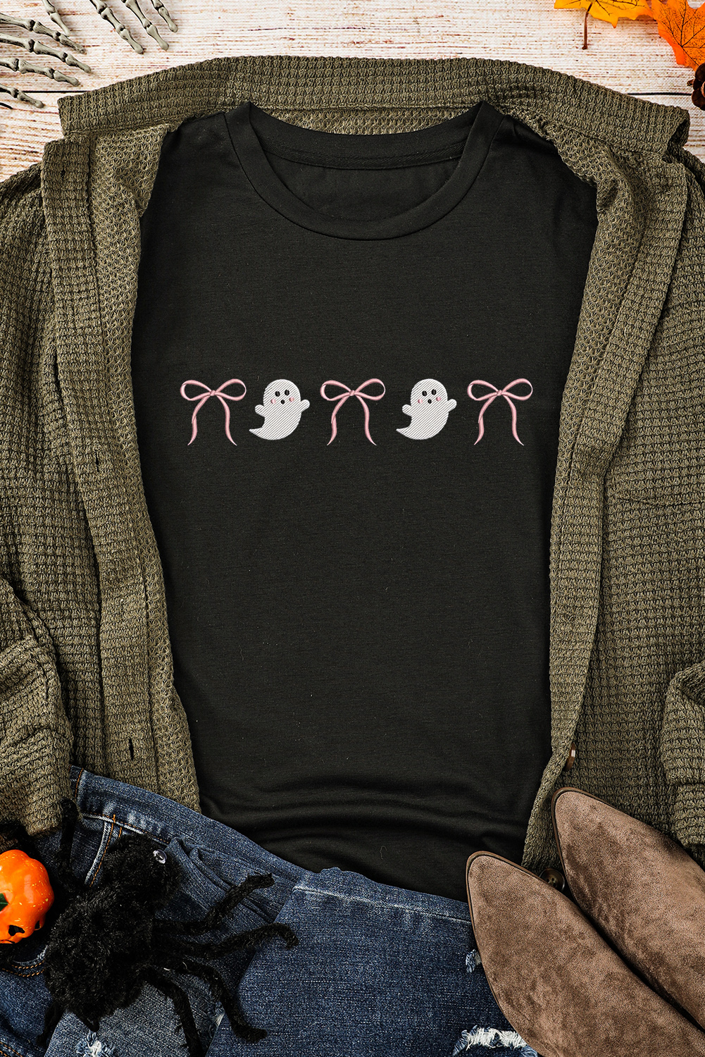 Black Halloween Ghost Bow Embroidered Loose T Shirt - loveforevers