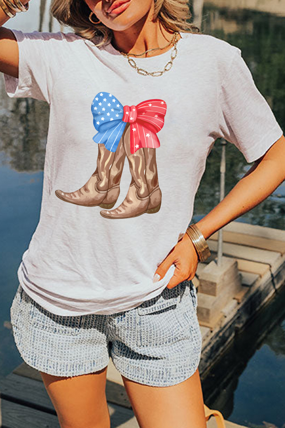 White Patriotic Bow Cowgirl Boots Printed Cotton Blend T Shirt - loveforevers